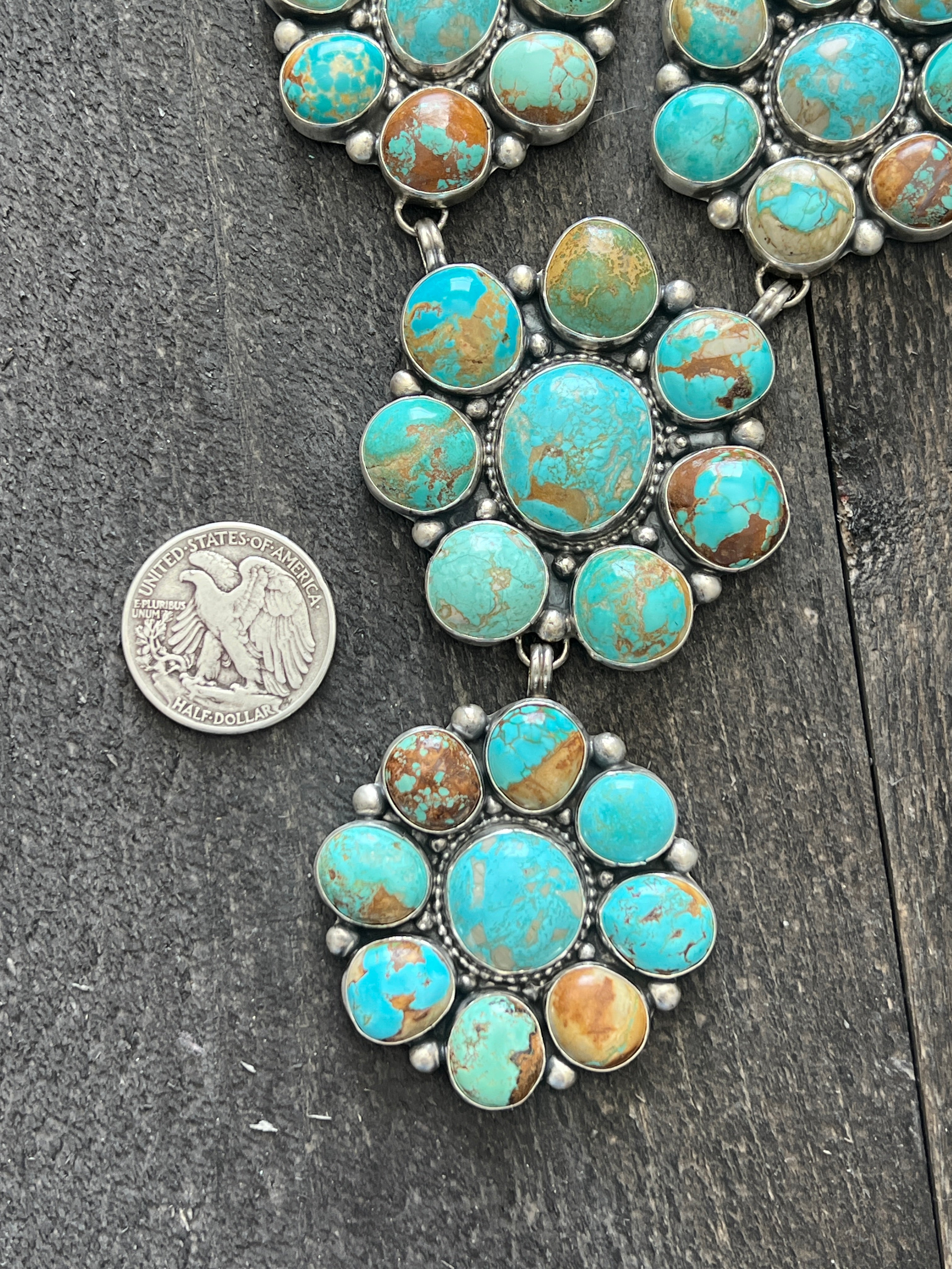 Handcrafted Big Mama Sterling Silver and Royston Turquoise Cluster Necklace with Matching Earrings by Sheila Becenti