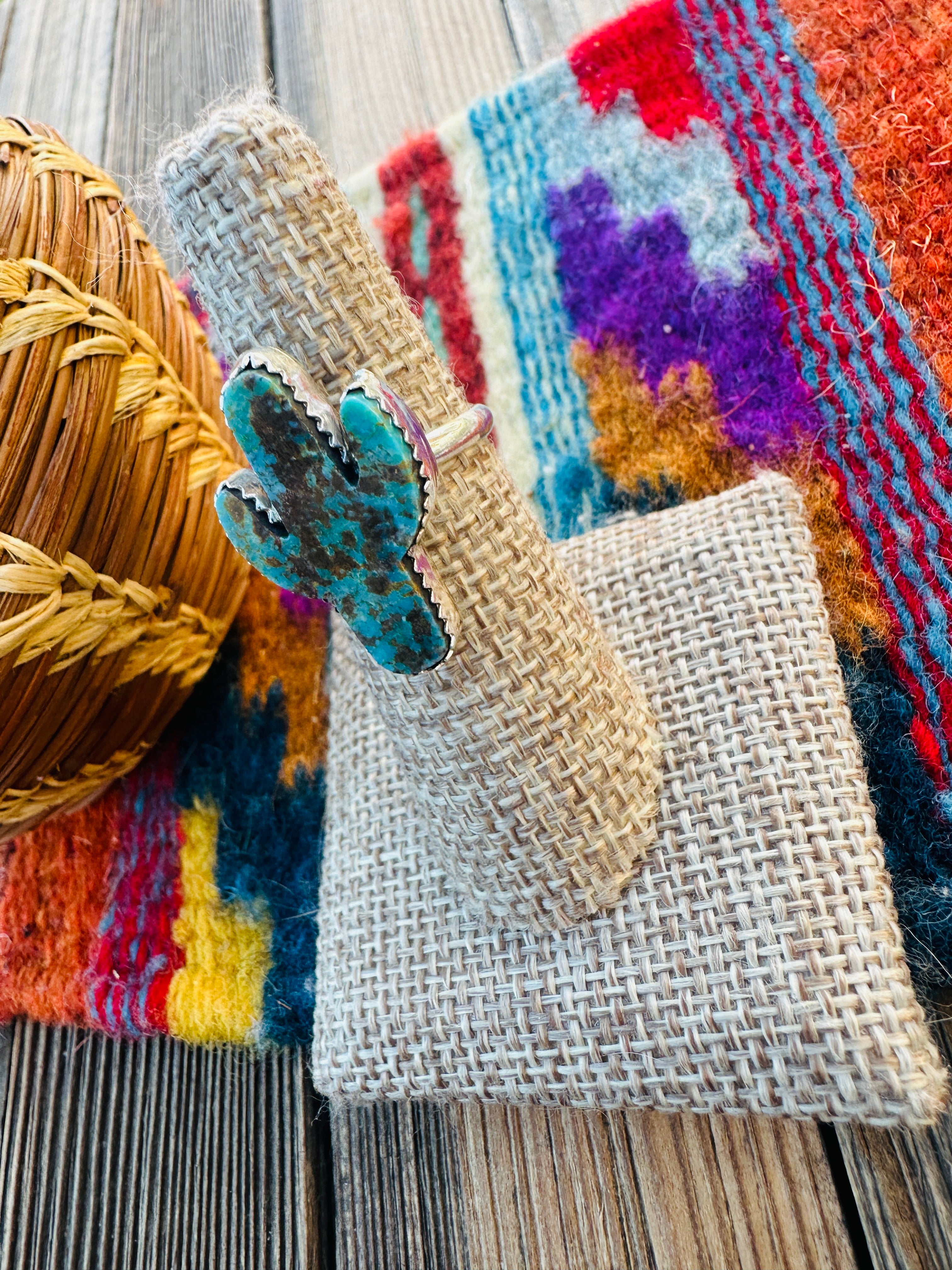 Handcrafted Turquoise & Sterling Silver Cactus Adjustable Ring