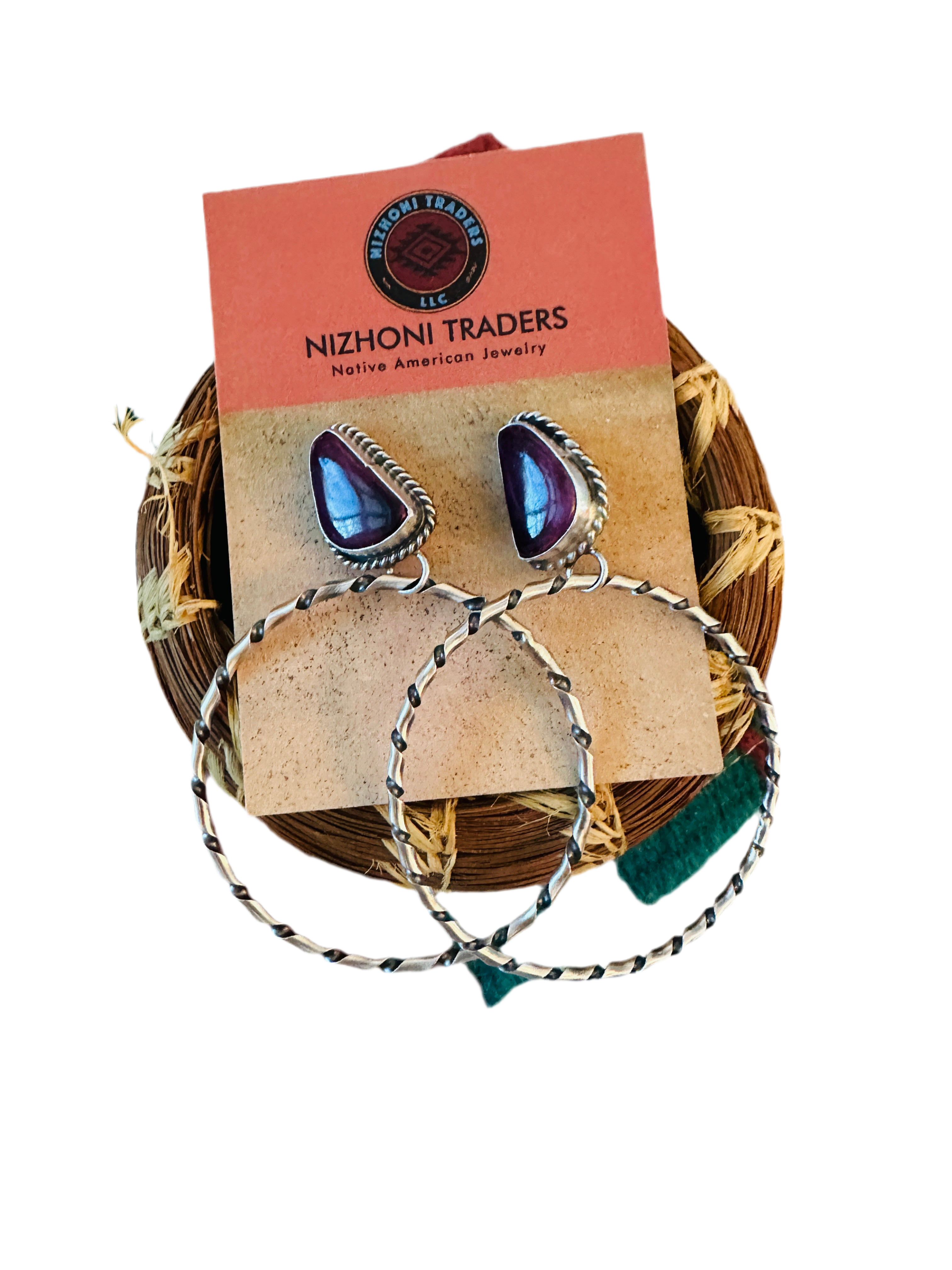 Navajo Purple Spiny and Sterling Silver Dangle Hoop Earrings