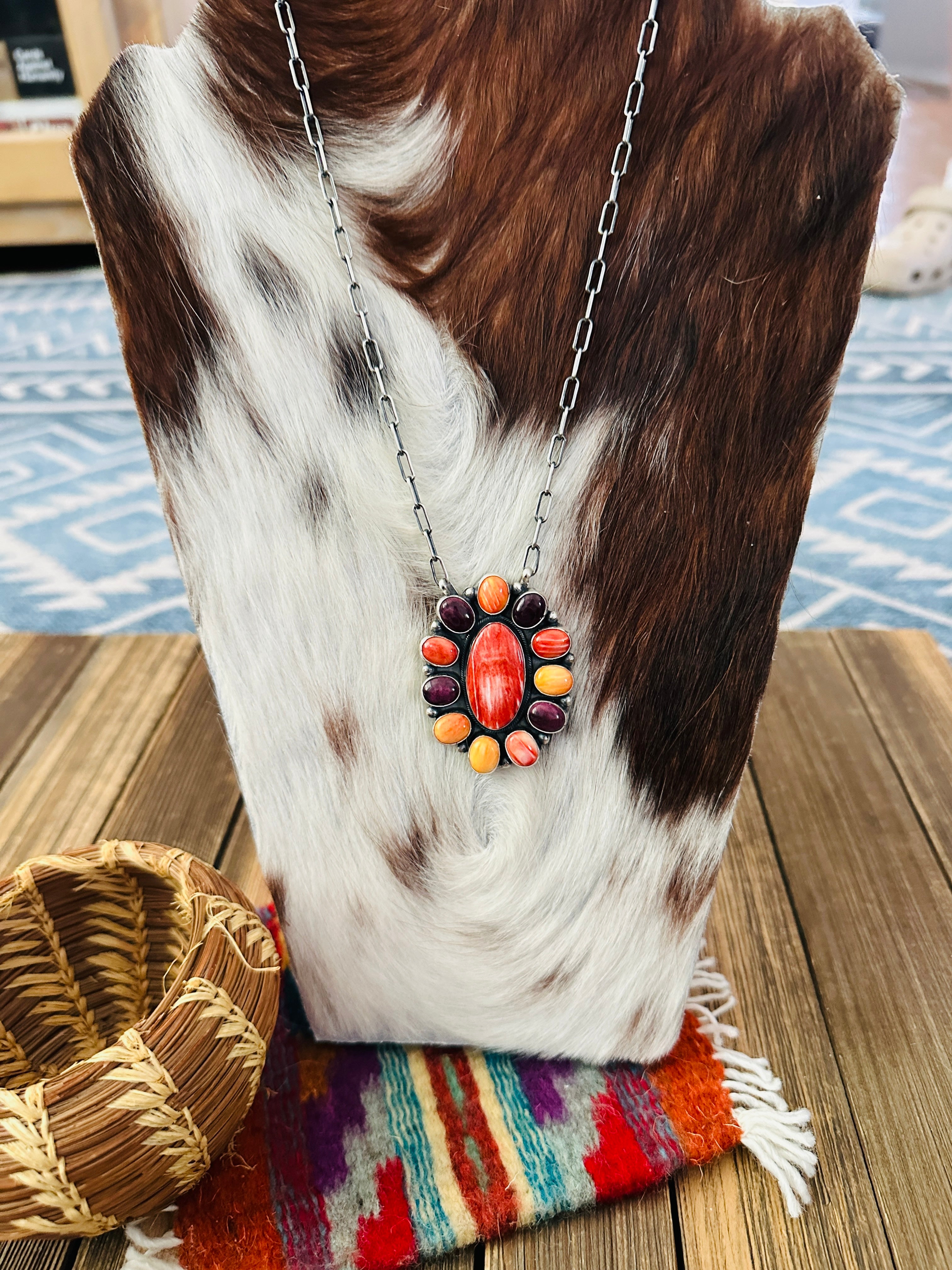 Handcrafted Multicolor Spiny Oyster & Sterling Silver Cluster Necklace by Sheila Becenti