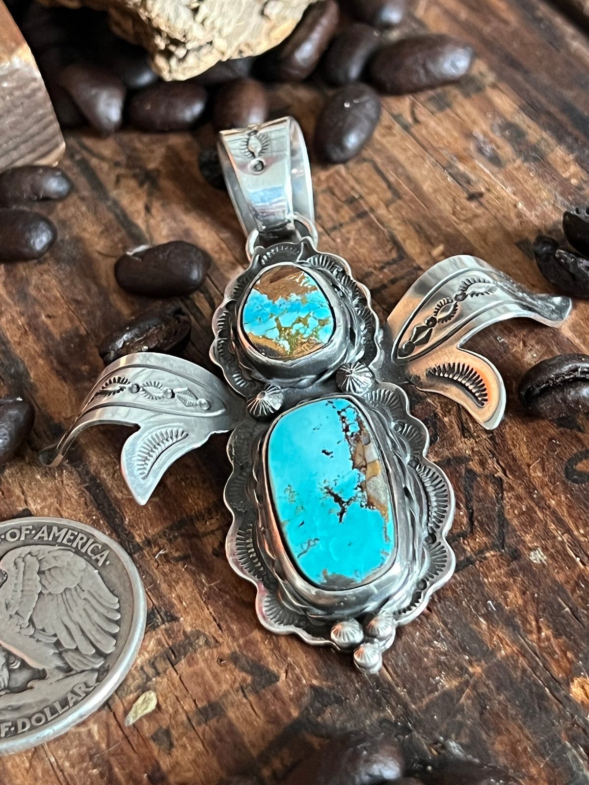 Sterling Silver and Turquoise Winged Bug Pendant by Kimari Somers