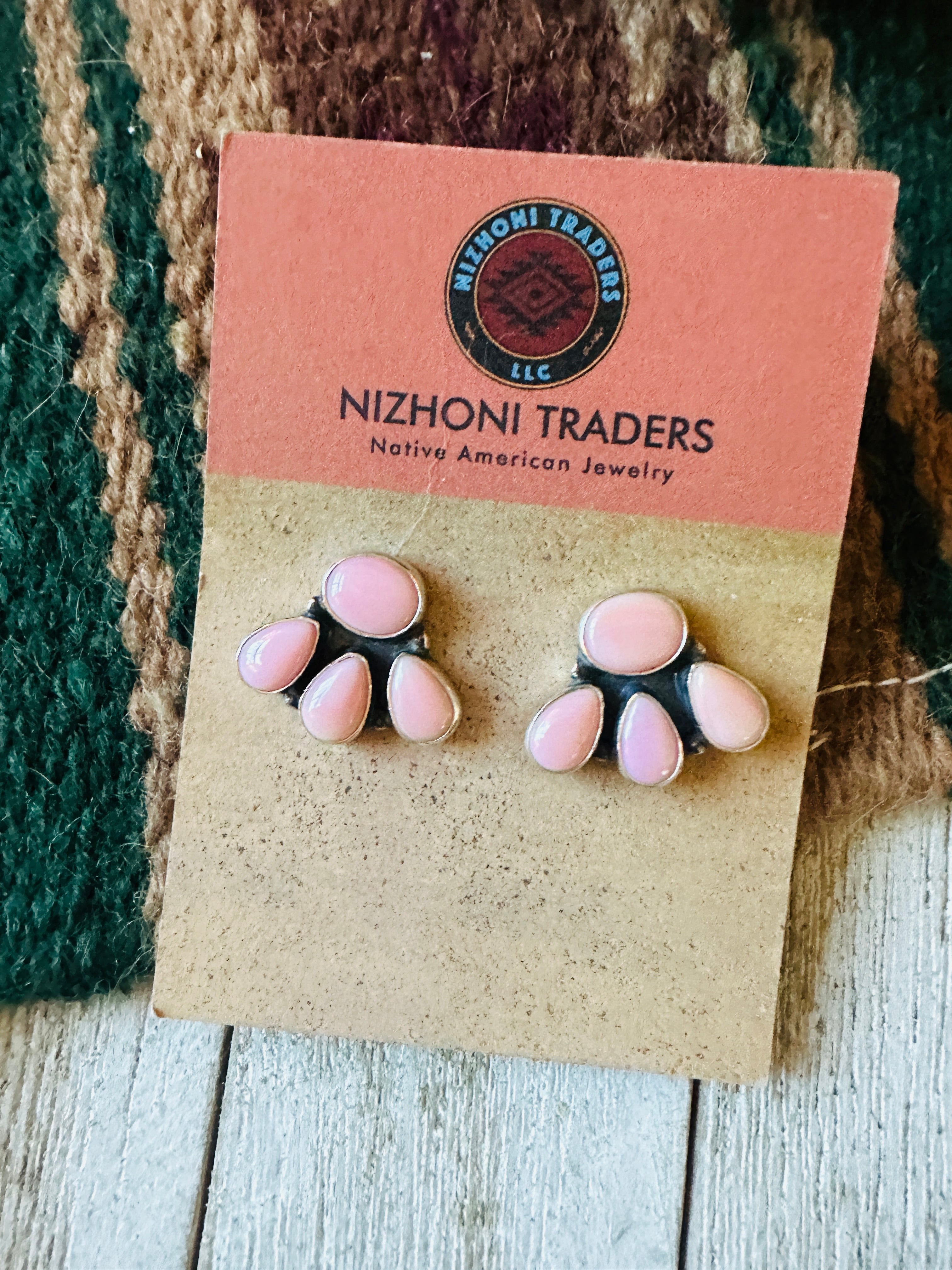 Navajo Sterling Silver & Queen Pink Conch Cluster Post Earrings