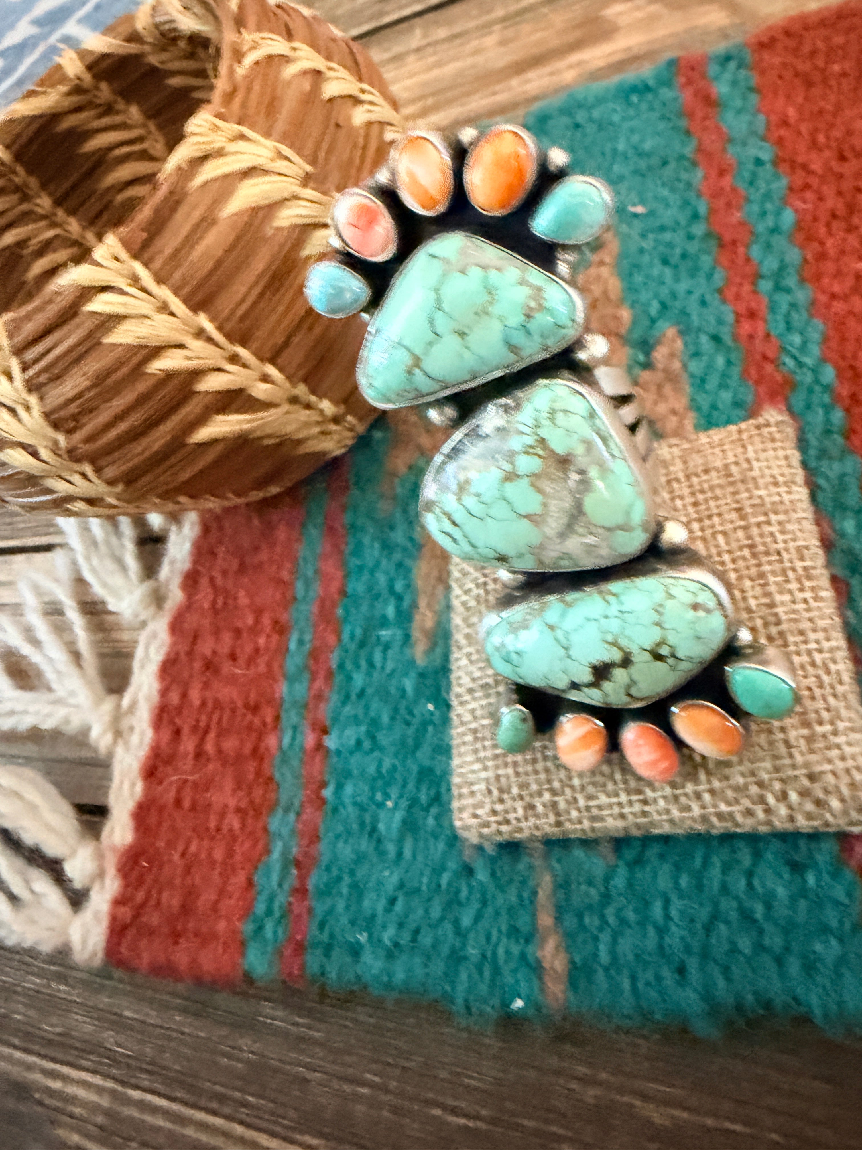 Handcrafted Spiny Oyster, Turquoise & Sterling Silver Cluster Ring by Sheila Becenti Size 10