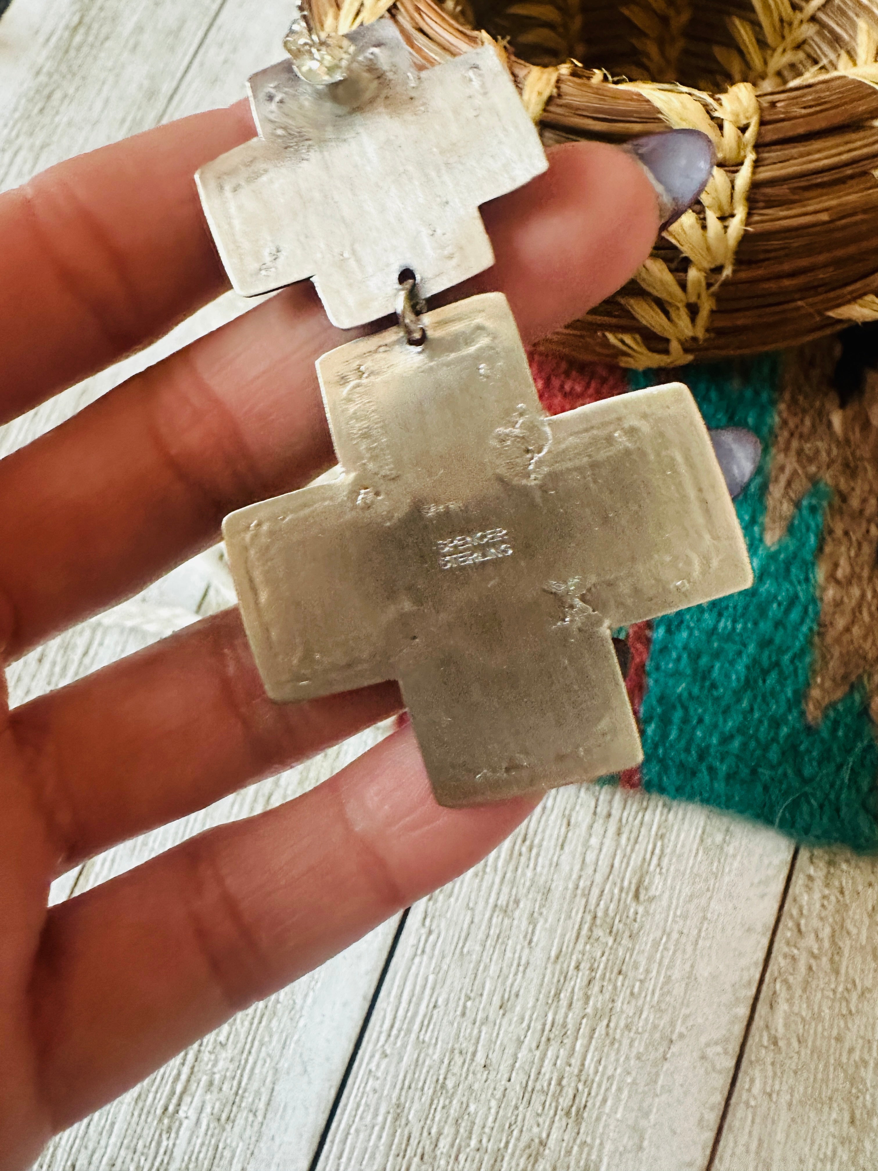 Handcrafted Turquoise & Sterling Silver Cross Dangle Earrings