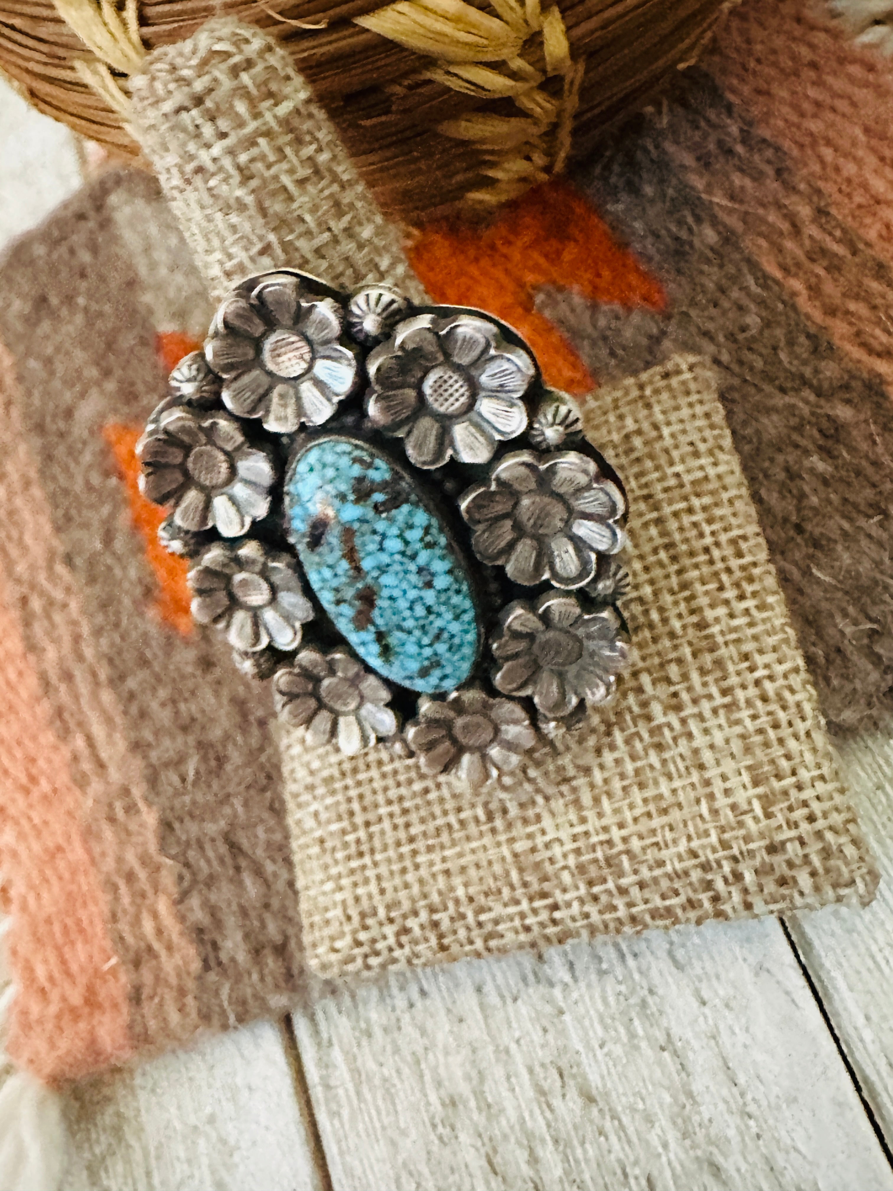 Handcrafted Birdseye Kingman Turquoise & Sterling Silver Flower Ring by Calvin Martinez, Size 9