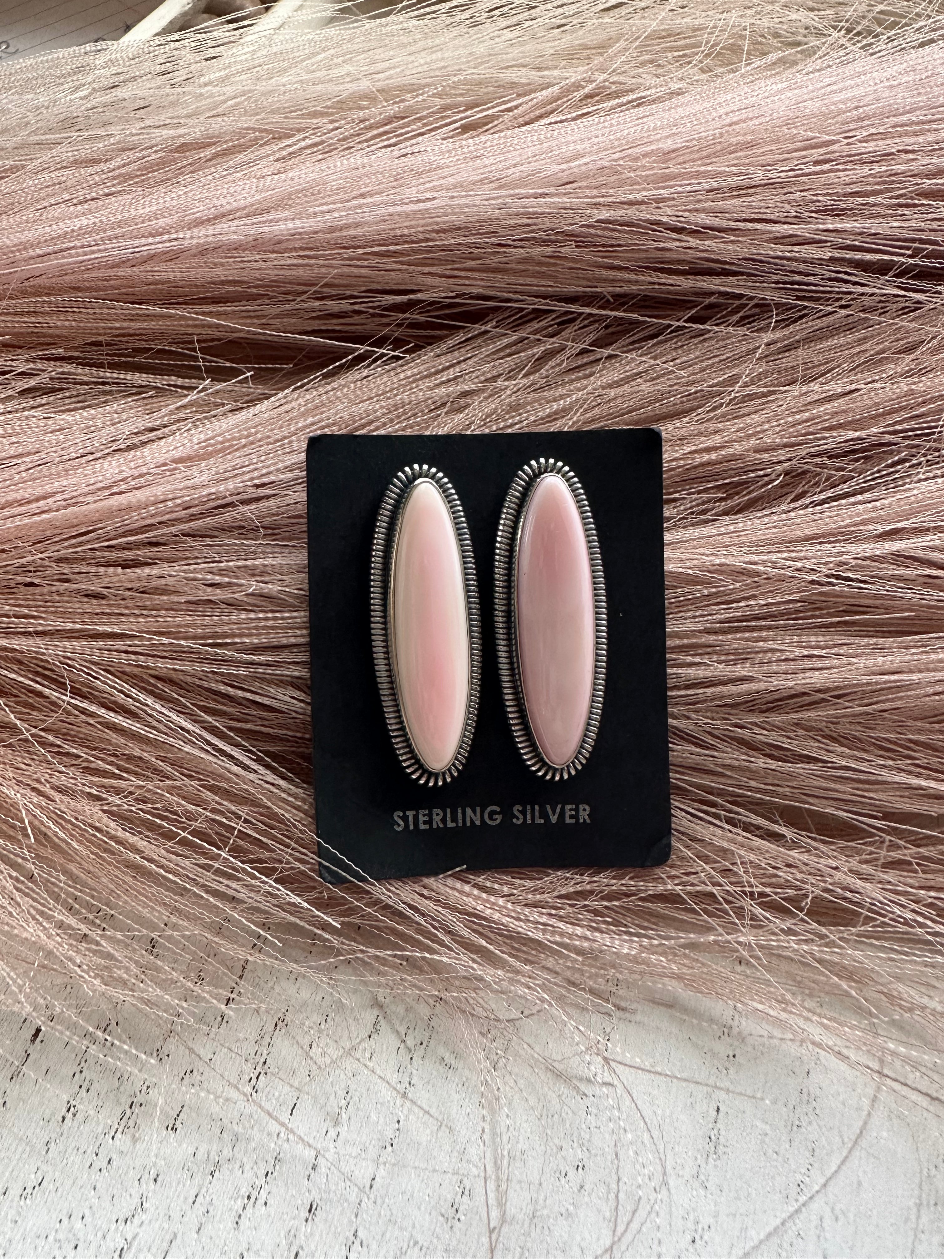 Handcrafted Sterling Silver Pink Conch Oval Post Earrings