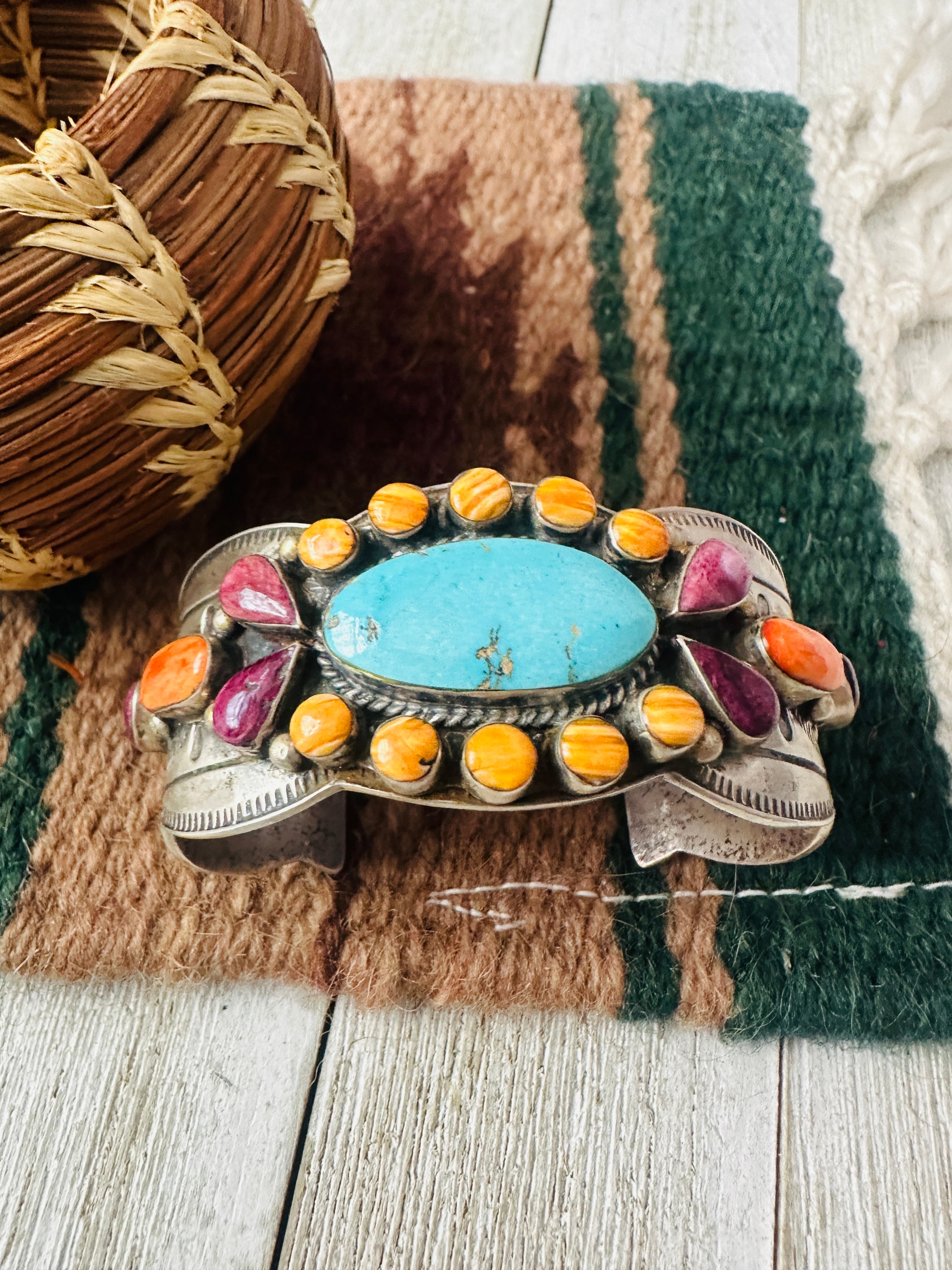 Handcrafted Old Pawn Turquoise, Spiny & Sterling Silver Cuff Bracelet /