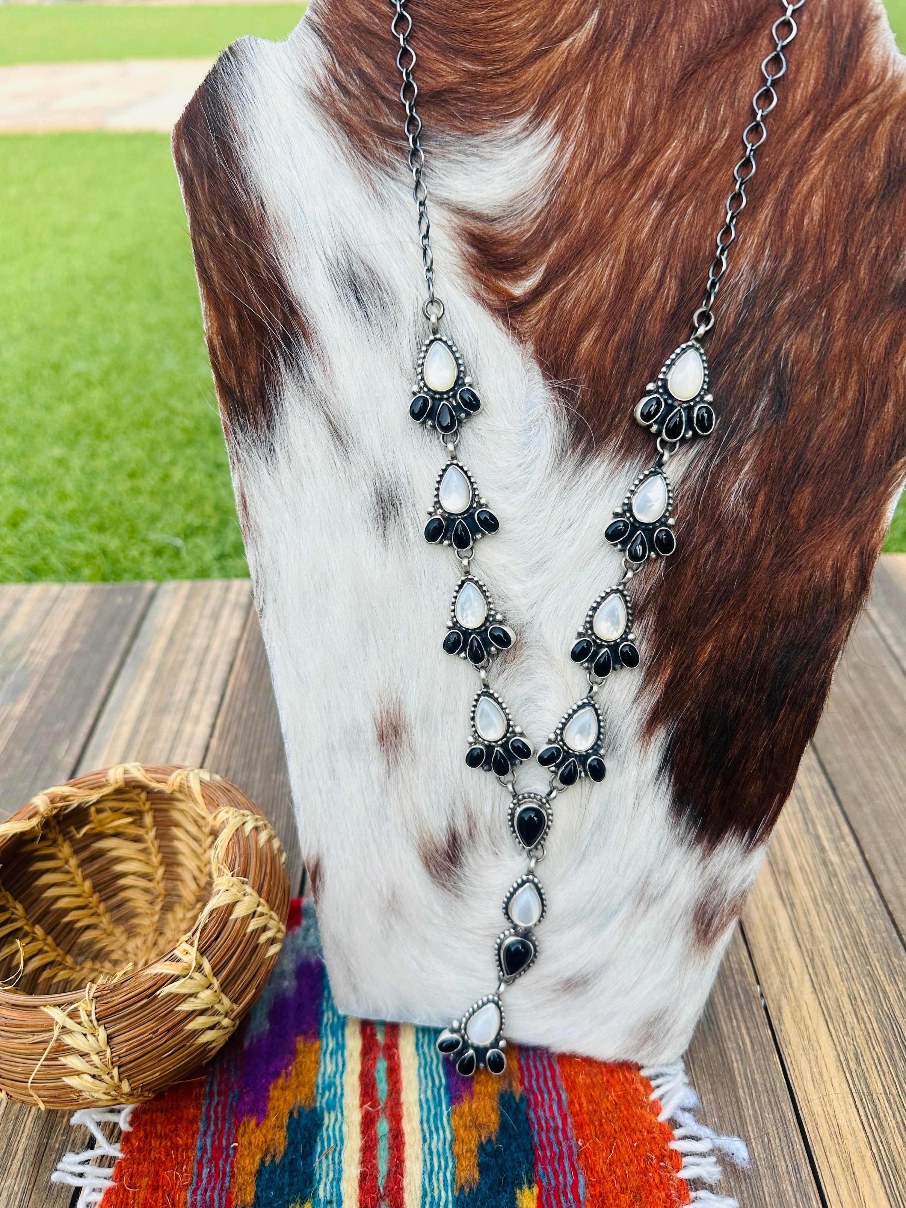 Handcrafted Mother of Pearl, Onyx & Sterling Silver Lariat Necklace by Sheila Becenti