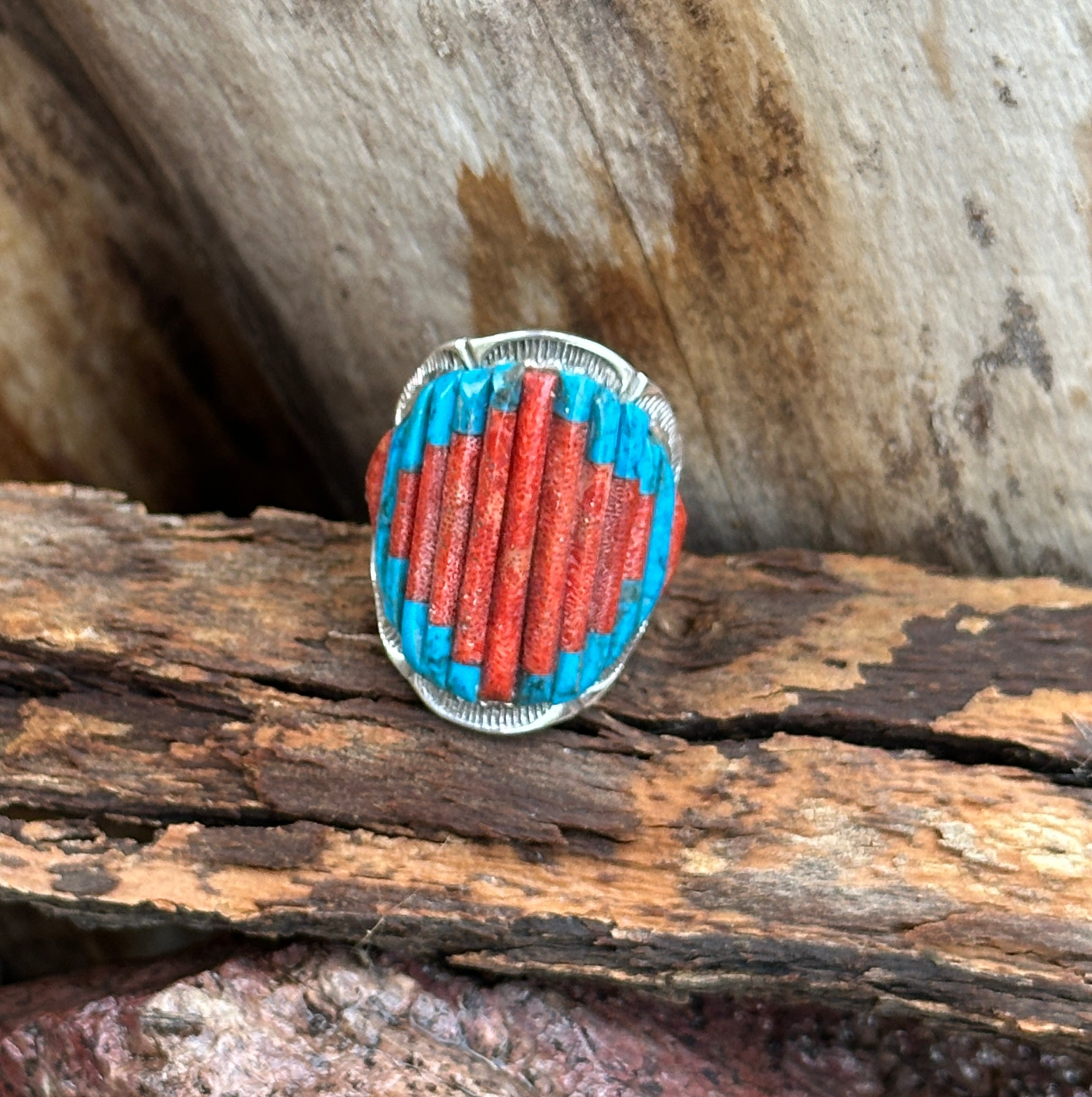 Handmade Turquoise, Coral & Sterling Silver Adjustable Ring Signed Nizhoni