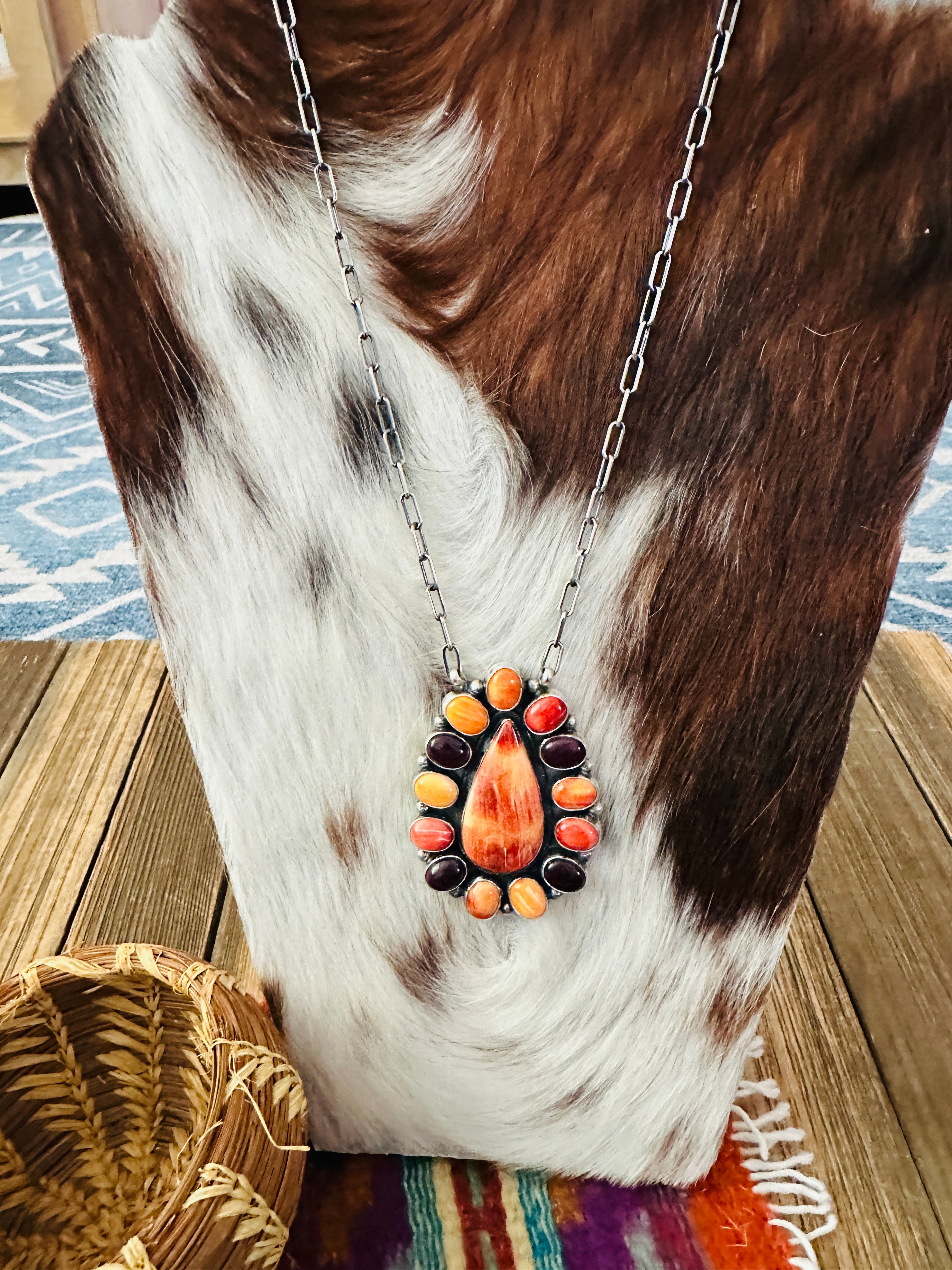 Handcrafted Multicolor Spiny Oyster & Sterling Silver Cluster Necklace by Sheila Becenti