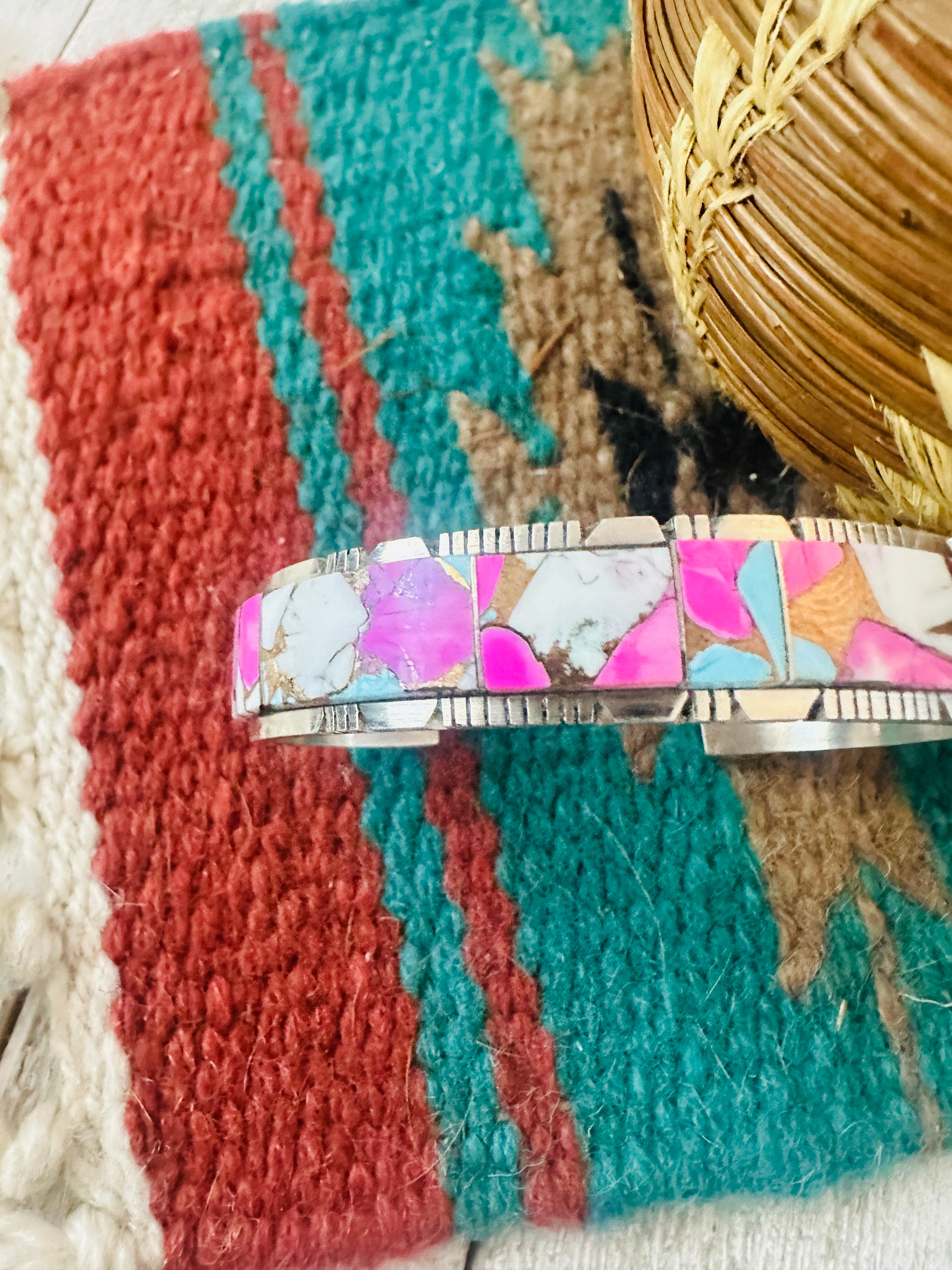 Handcrafted Cotton Candy & Sterling Silver Inlay Cuff Bracelet
