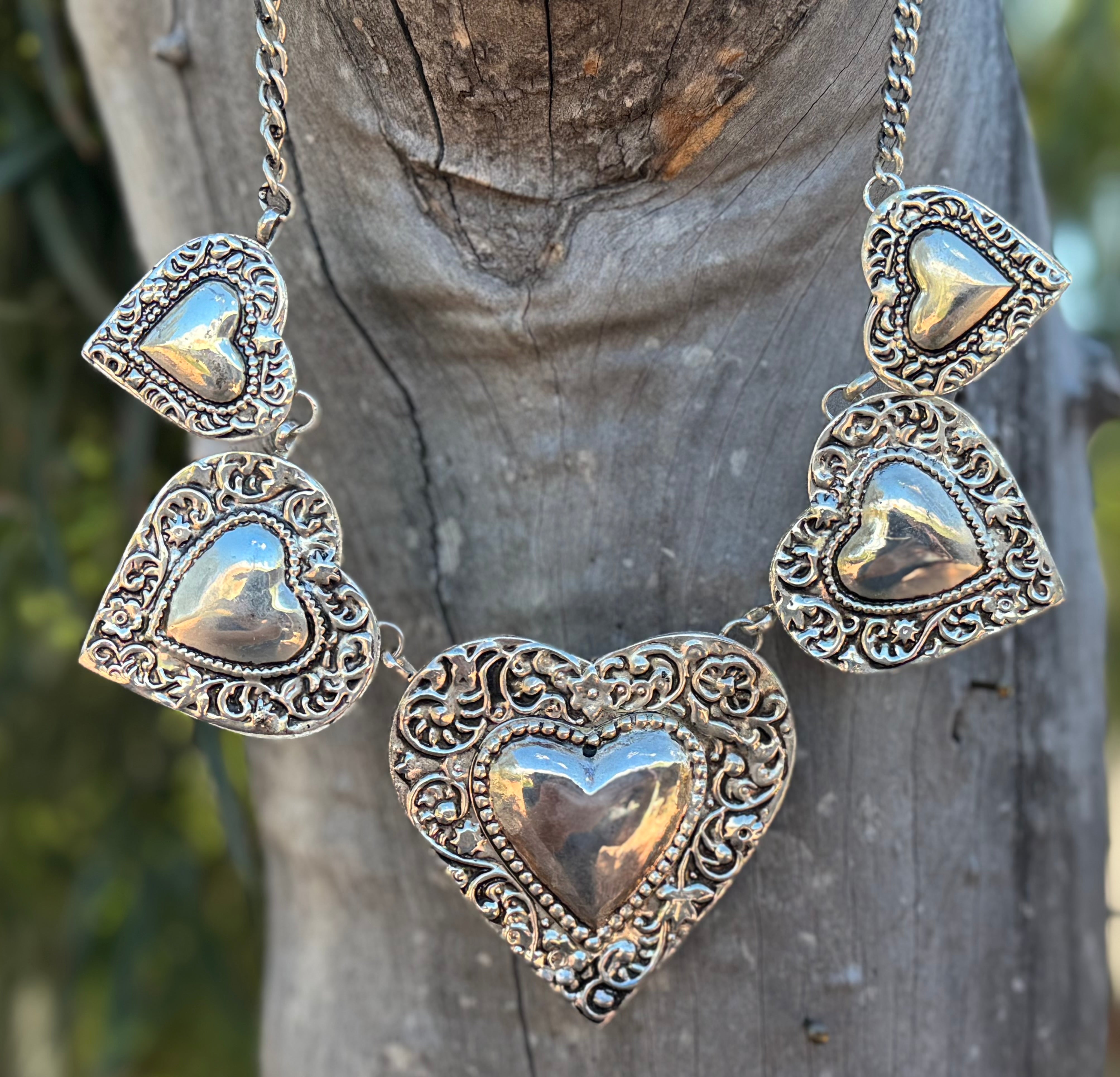 Silver Plated Brass Etched 5-Heart Chain Necklace
