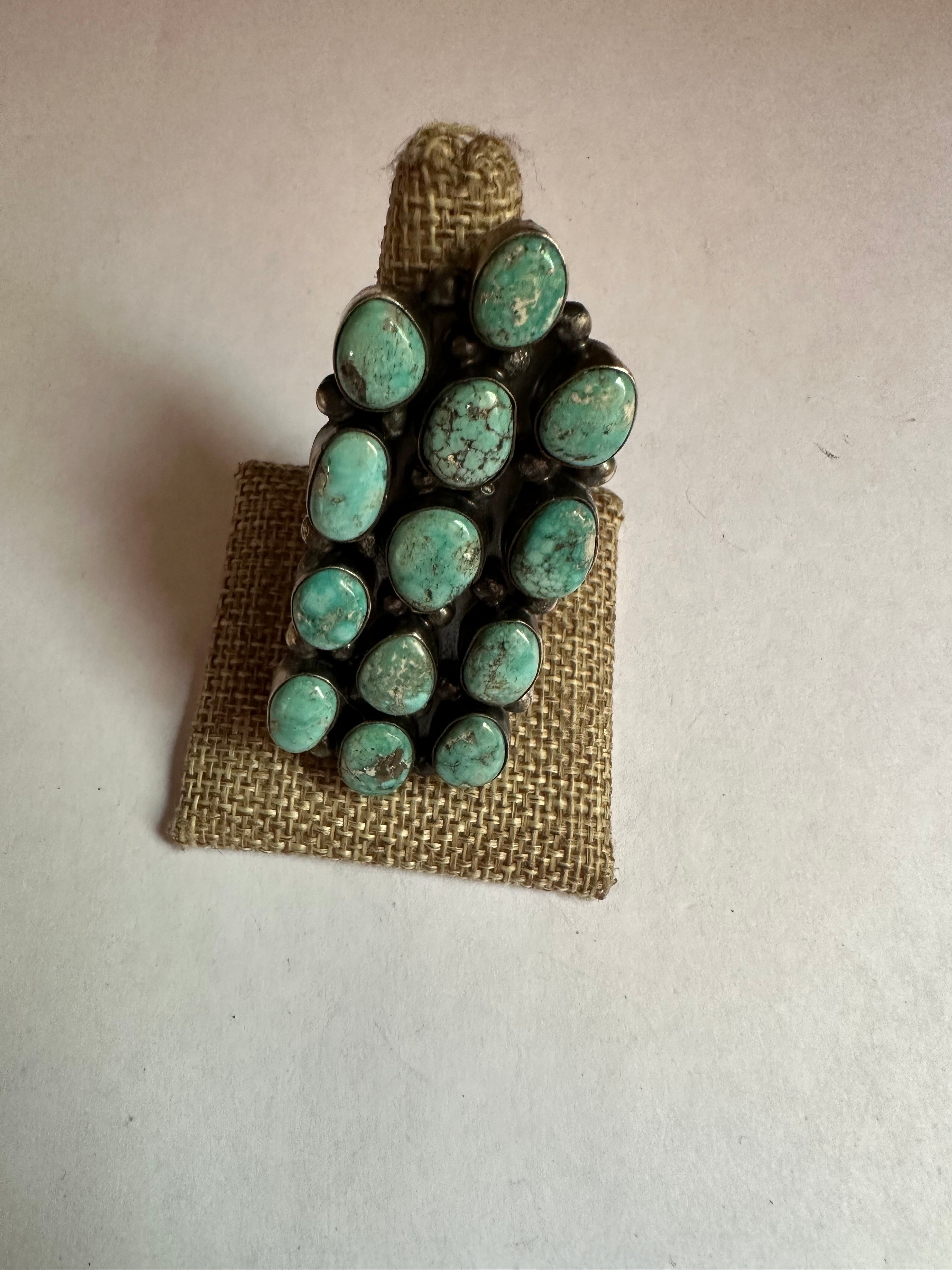 Handcrafted Turquoise & Sterling Silver 13 Stone Ring Signed Sheila