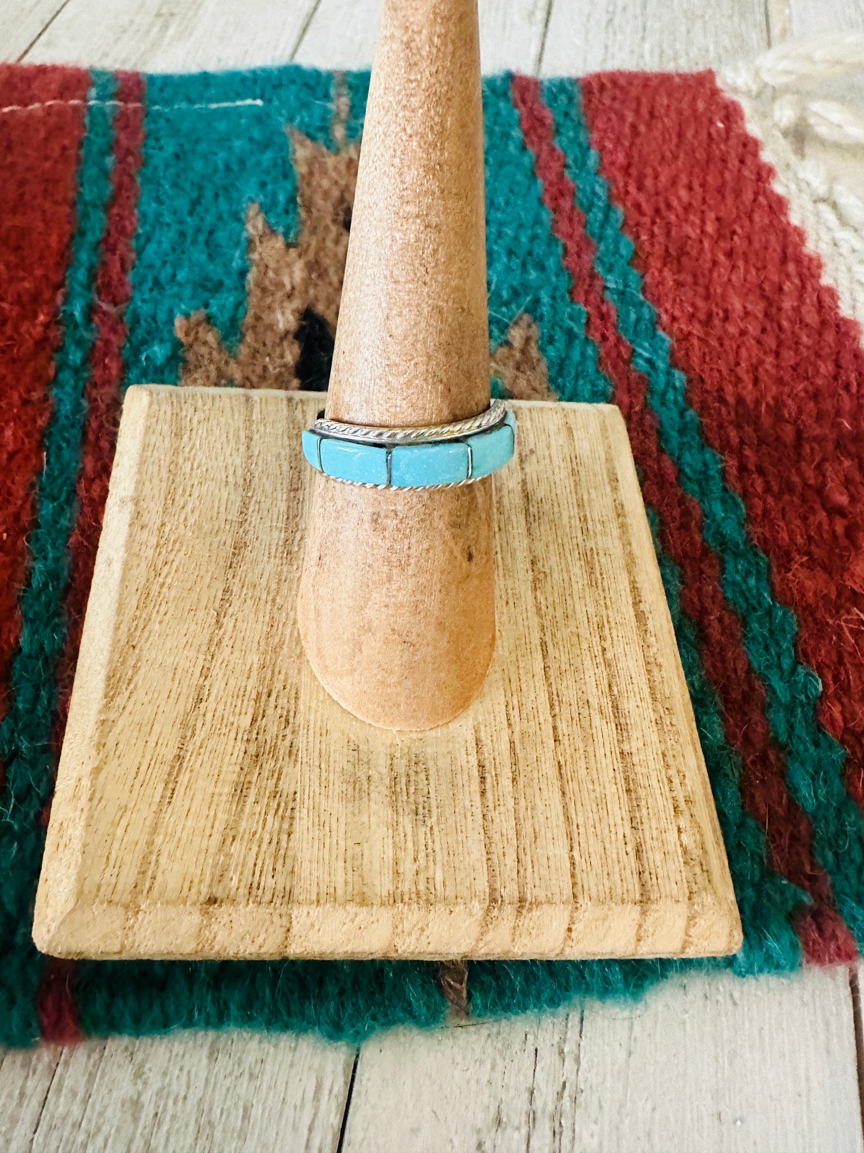 Handcrafted Sterling Silver & 5 Stone Turquoise Inlay Band Ring