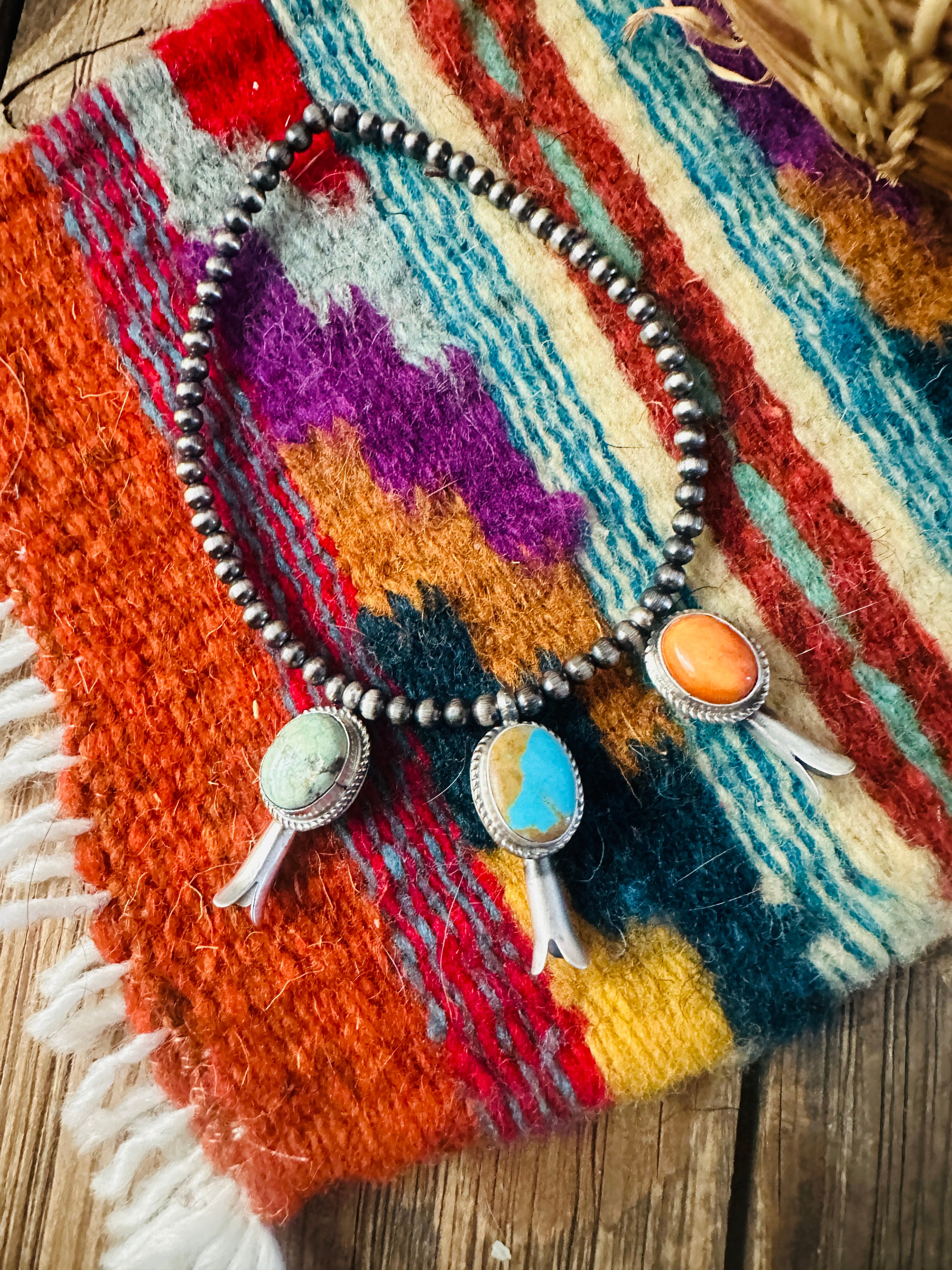 Handcrafted 3mm Sterling Silver Pearl, Turquoise & Spiny Oyster Blossom Stretch Bracelet