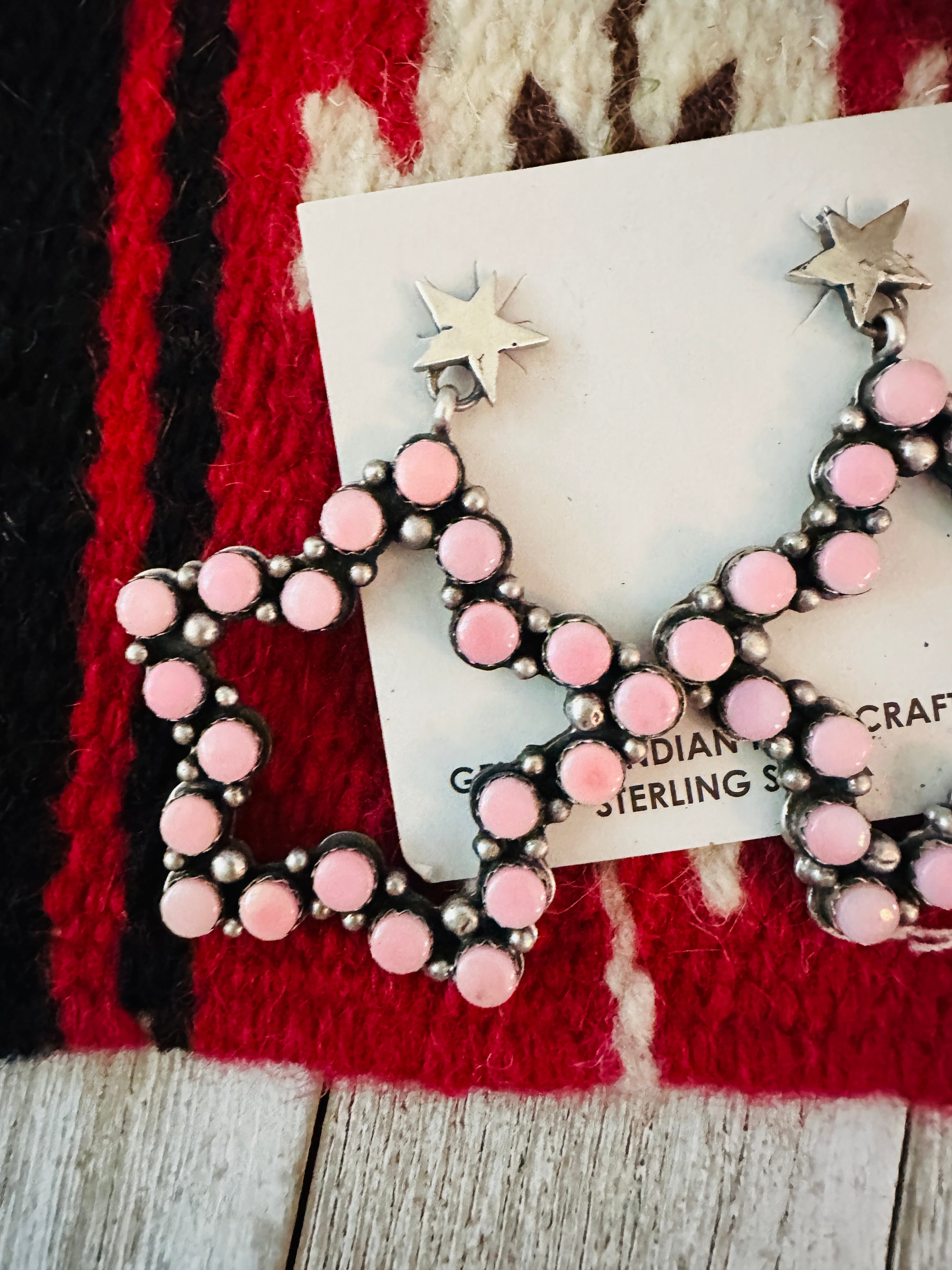 Handcrafted Queen Pink Conch & Sterling Silver Star Dangle Earrings by Charles Johnson