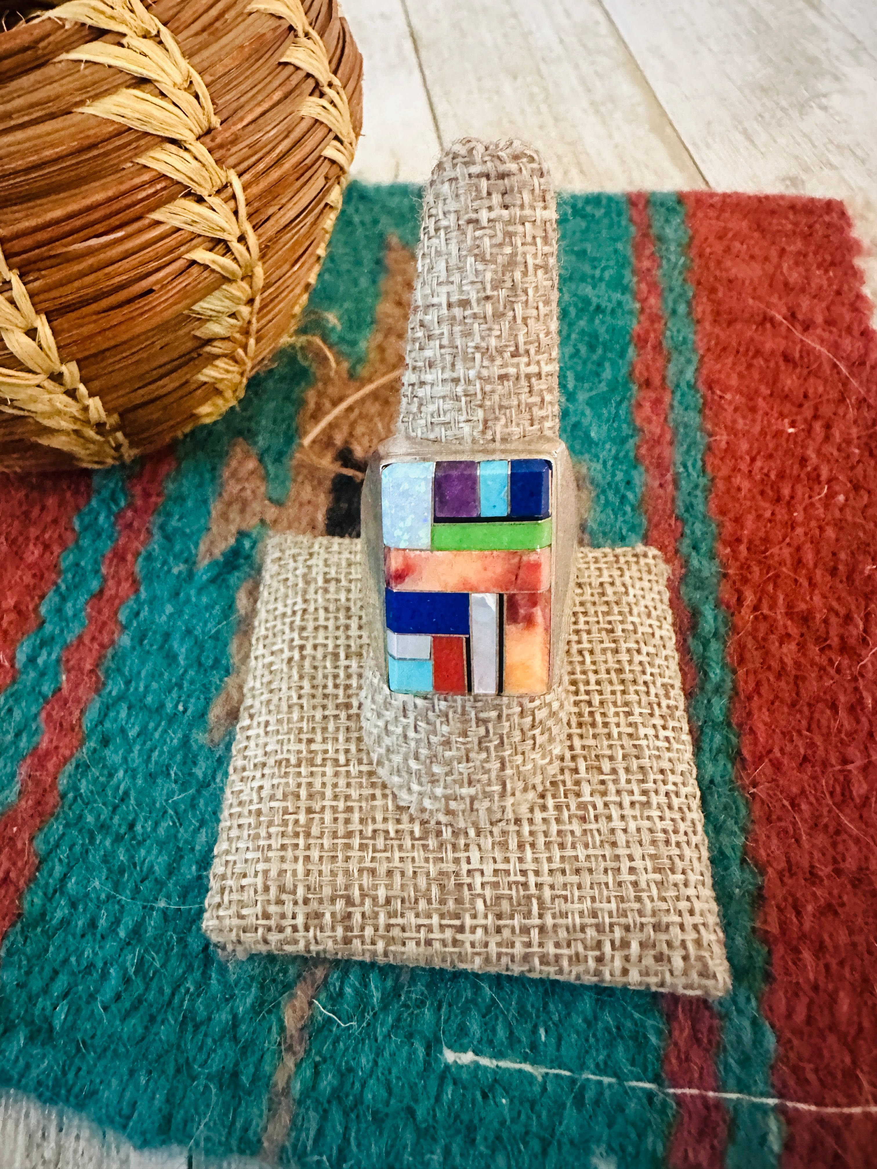 Handcrafted Old Pawn Sterling Silver & Multi Stone Inlay Ring Size 11