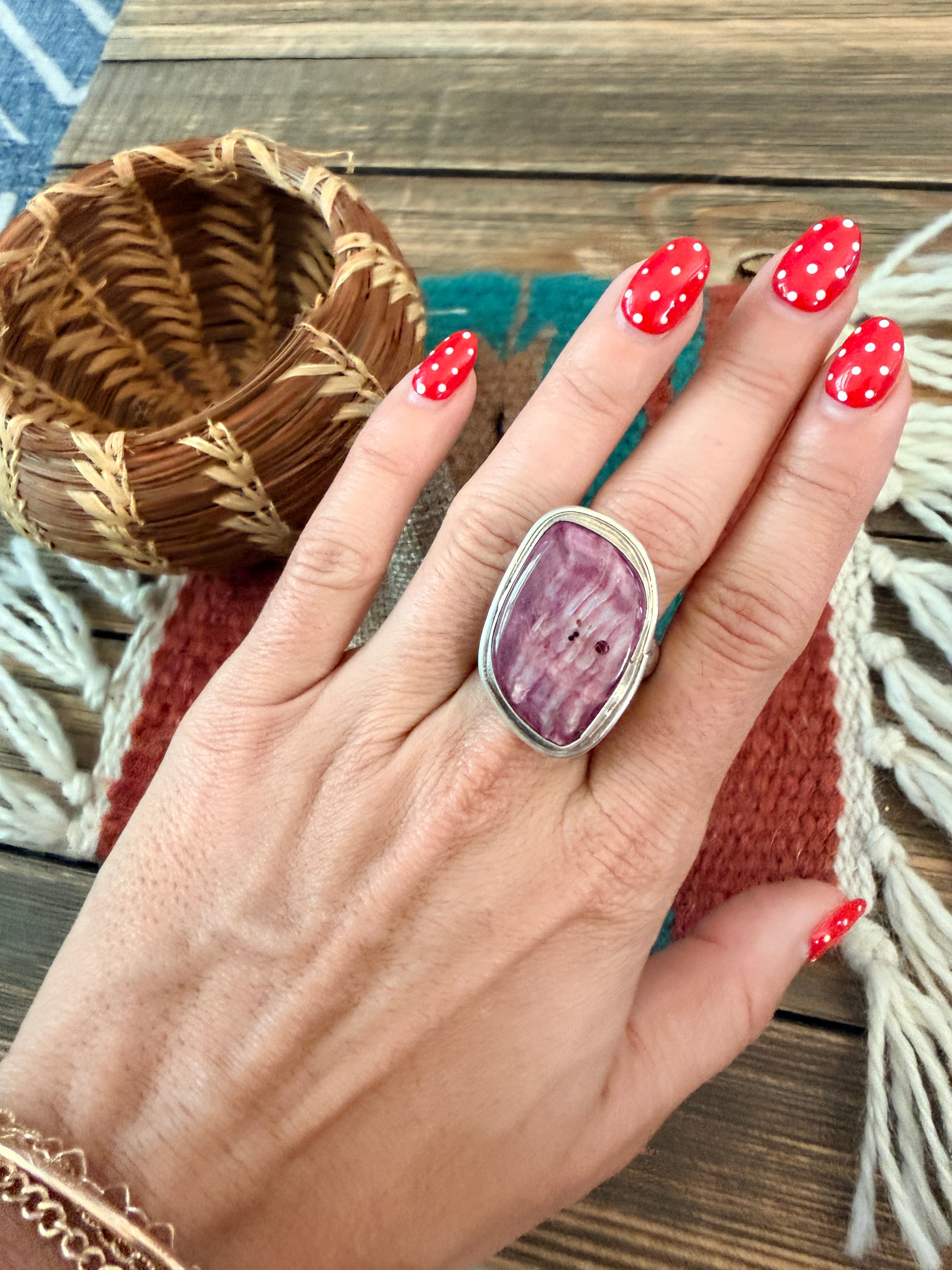 Handmade Sterling Silver & Purple Spiny Adjustable Ring