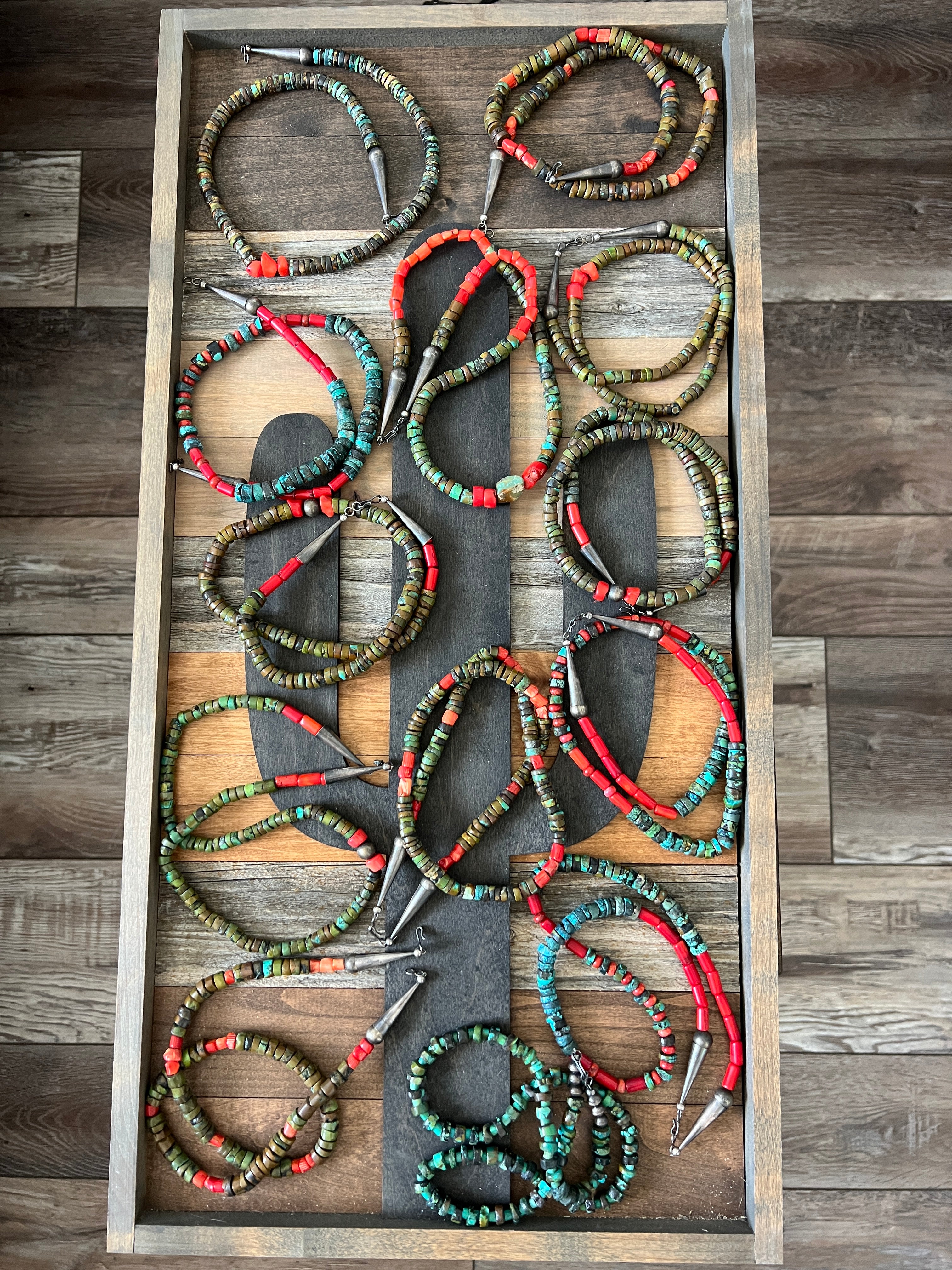 Handcrafted Hubei Turquoise Beaded Necklace with Sterling Silver and Bamboo Coral by Kirby Smith: 13 To Choose From!