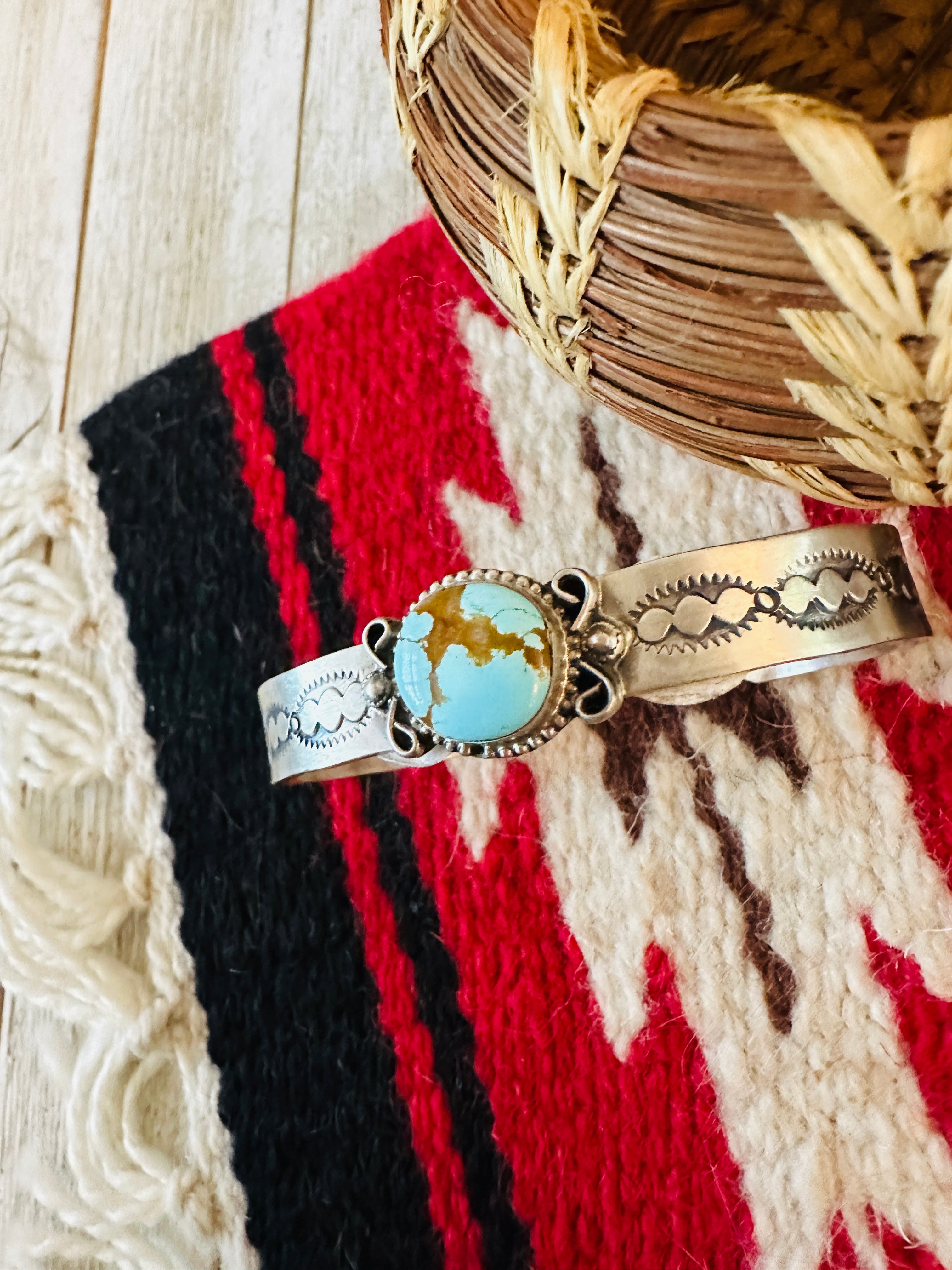 Handcrafted & Hand Stamped Sterling Silver & Turquoise Cuff Bracelet