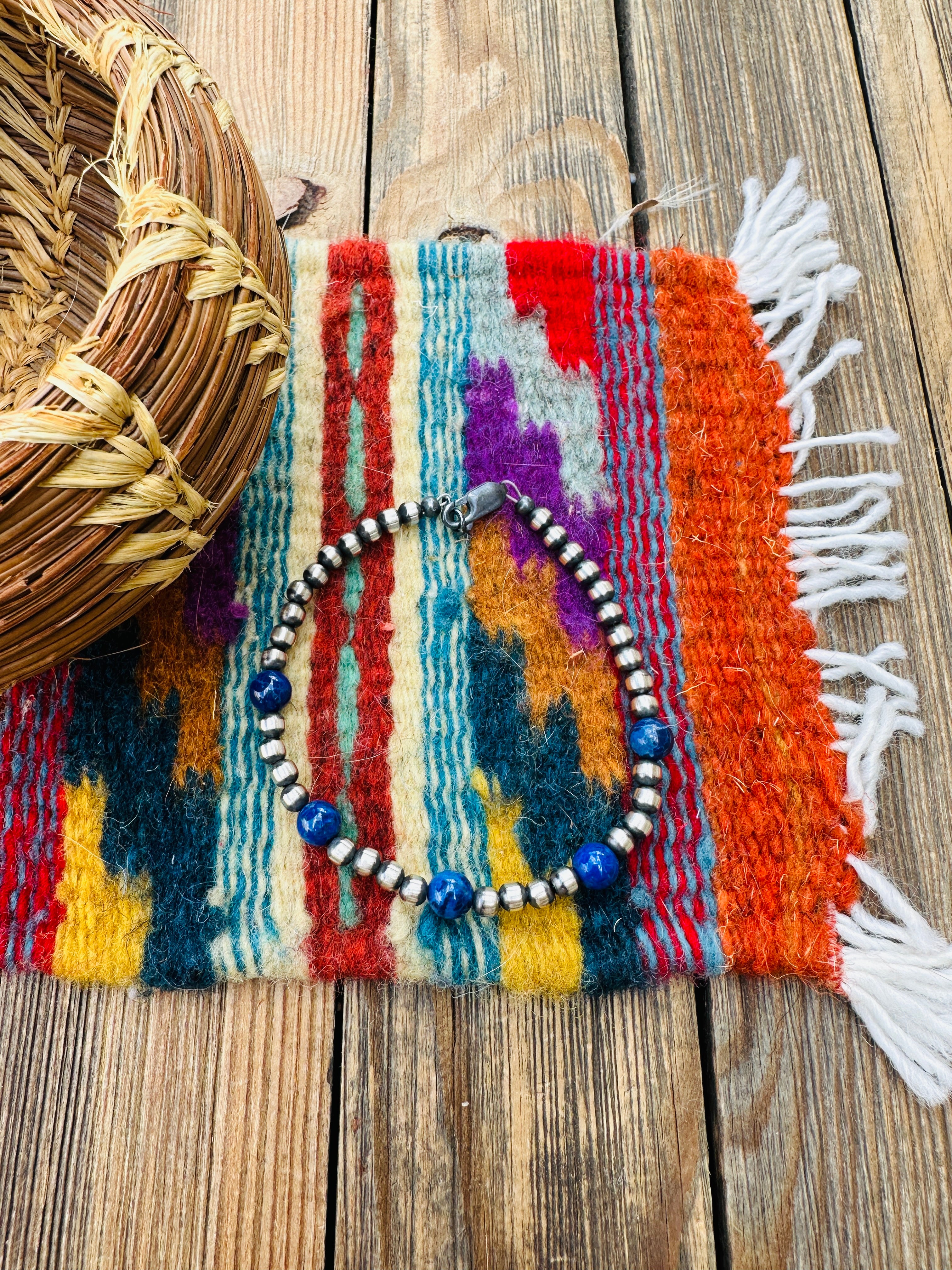 Handcrafted Lapis & Sterling Silver Beaded Bracelet