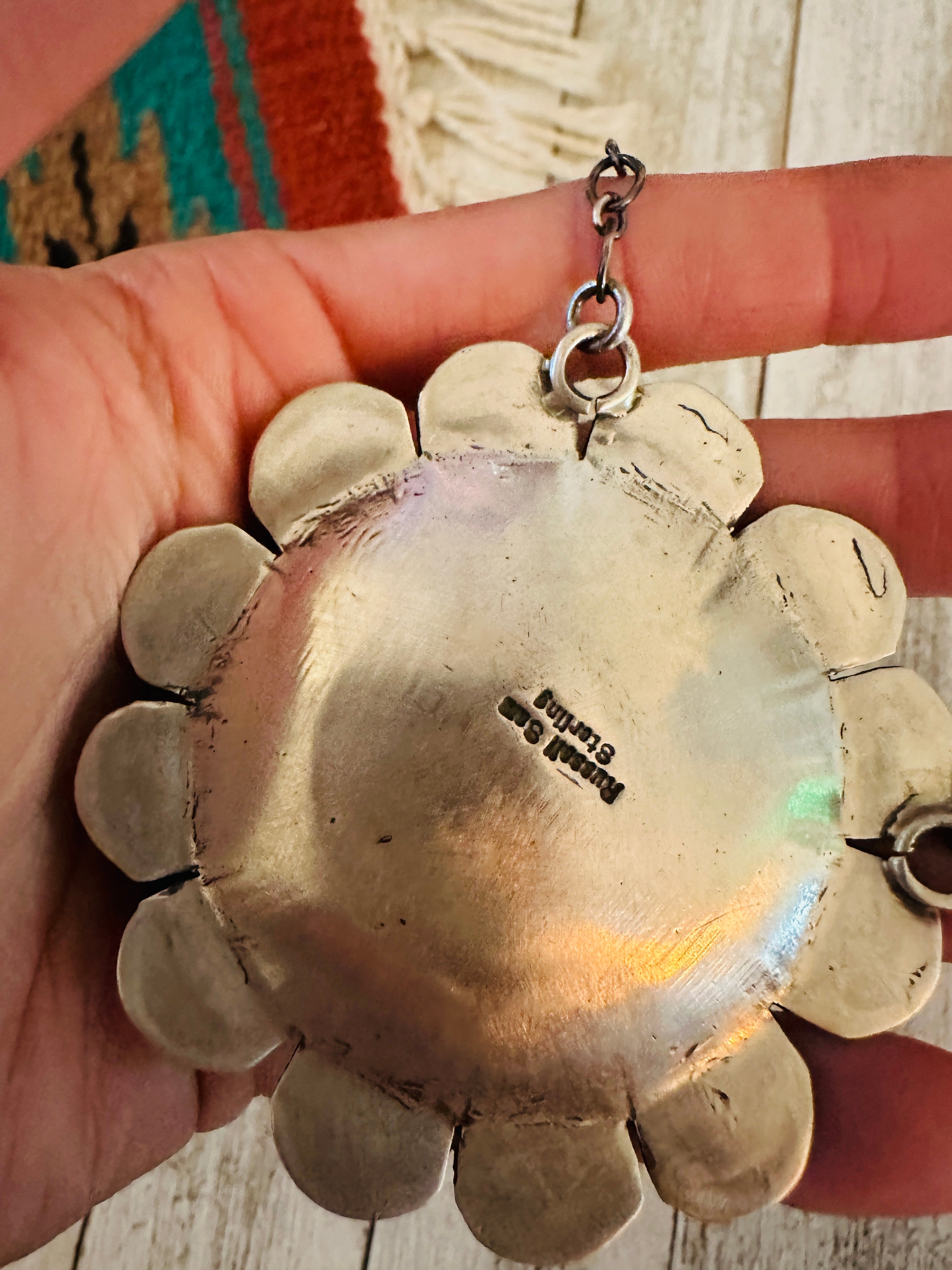 Handcrafted Sterling Silver and Turquoise Sunflower Necklace with Bee by Russell Sam