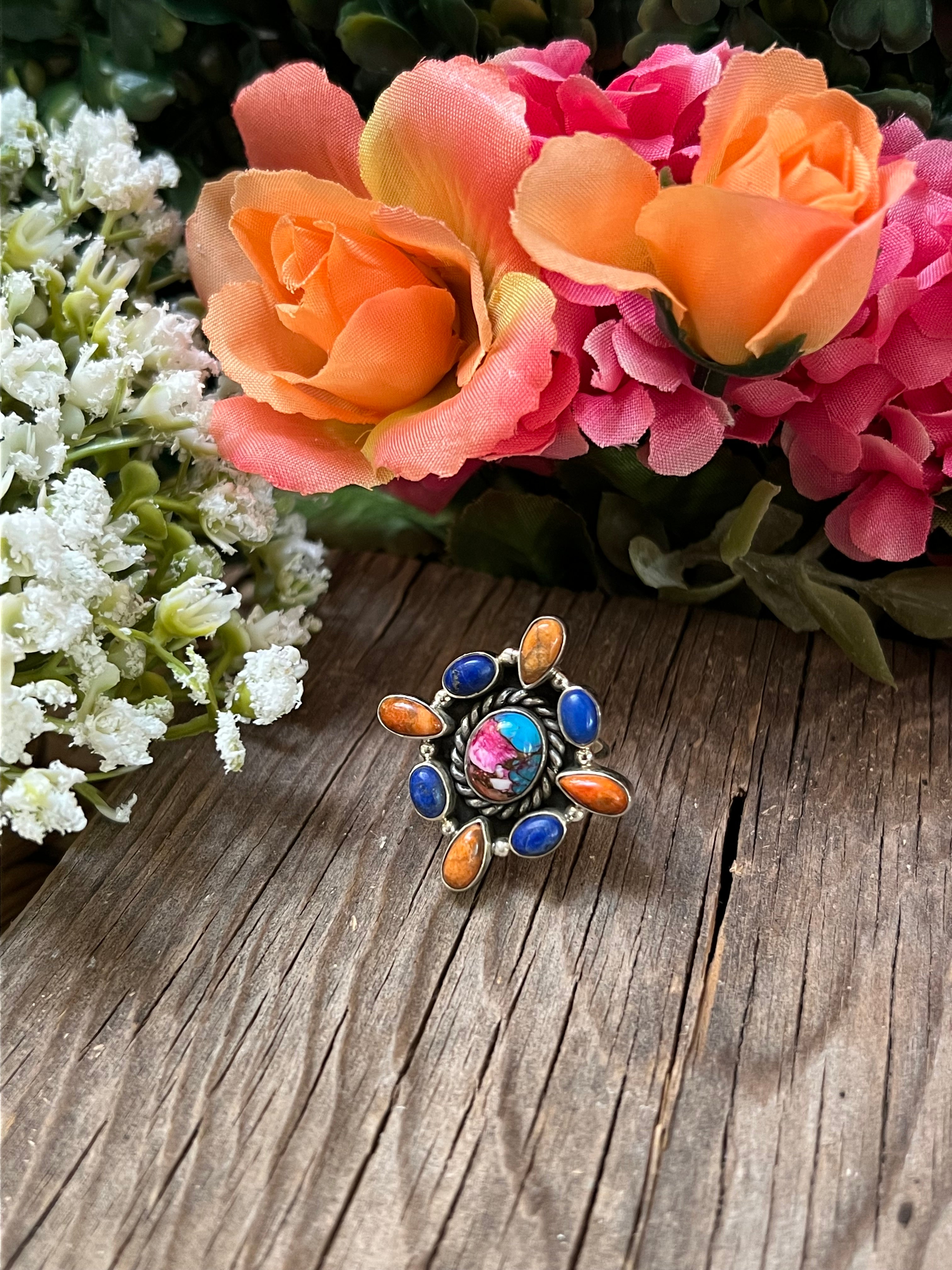 Handmade Sterling Silver Lapis, Orange Spiny, & Pink Dream Cluster Adjustable Ring