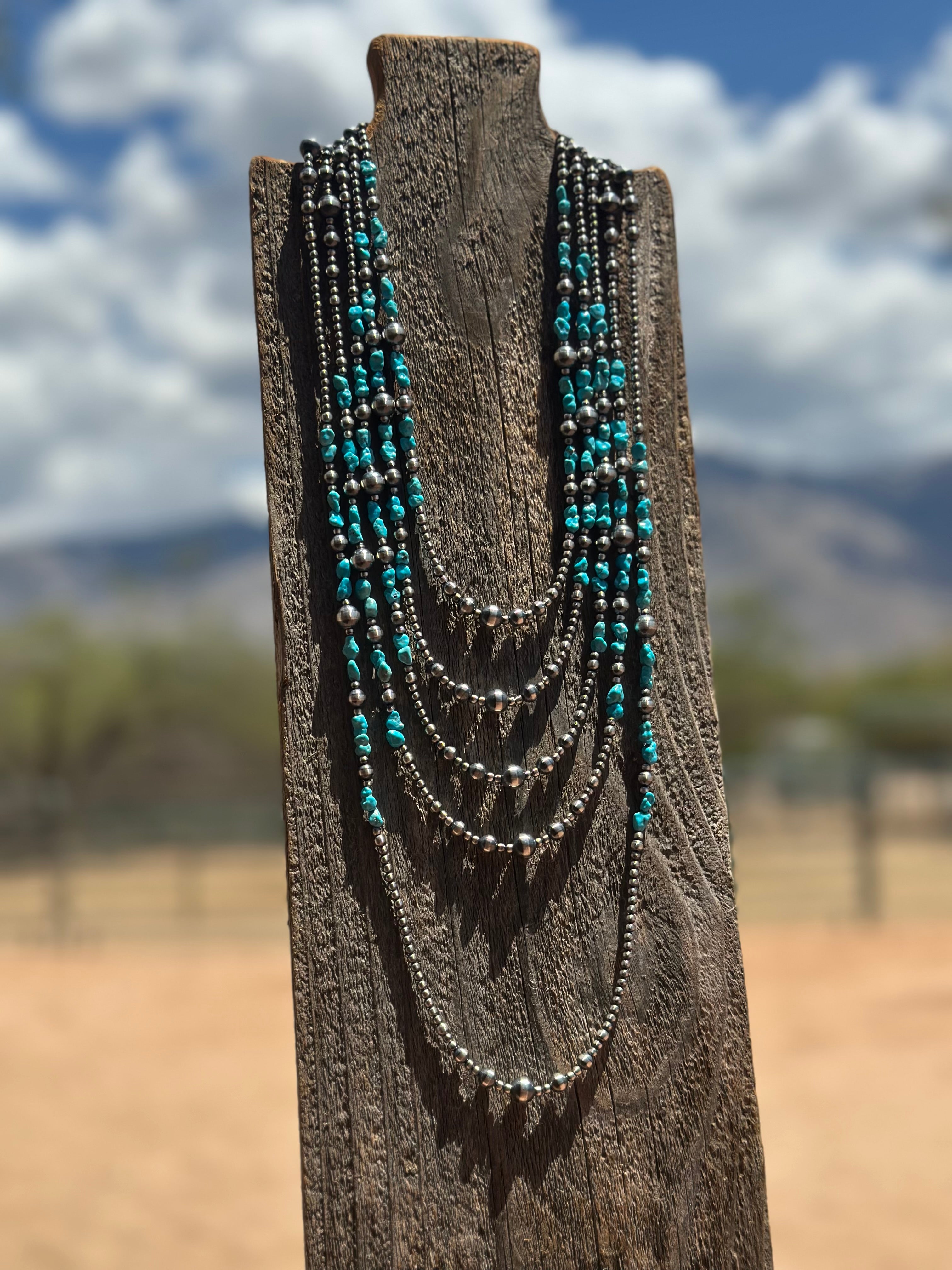 Kingman Turquoise & Sterling Silver 3mm-8mm Beaded Necklace