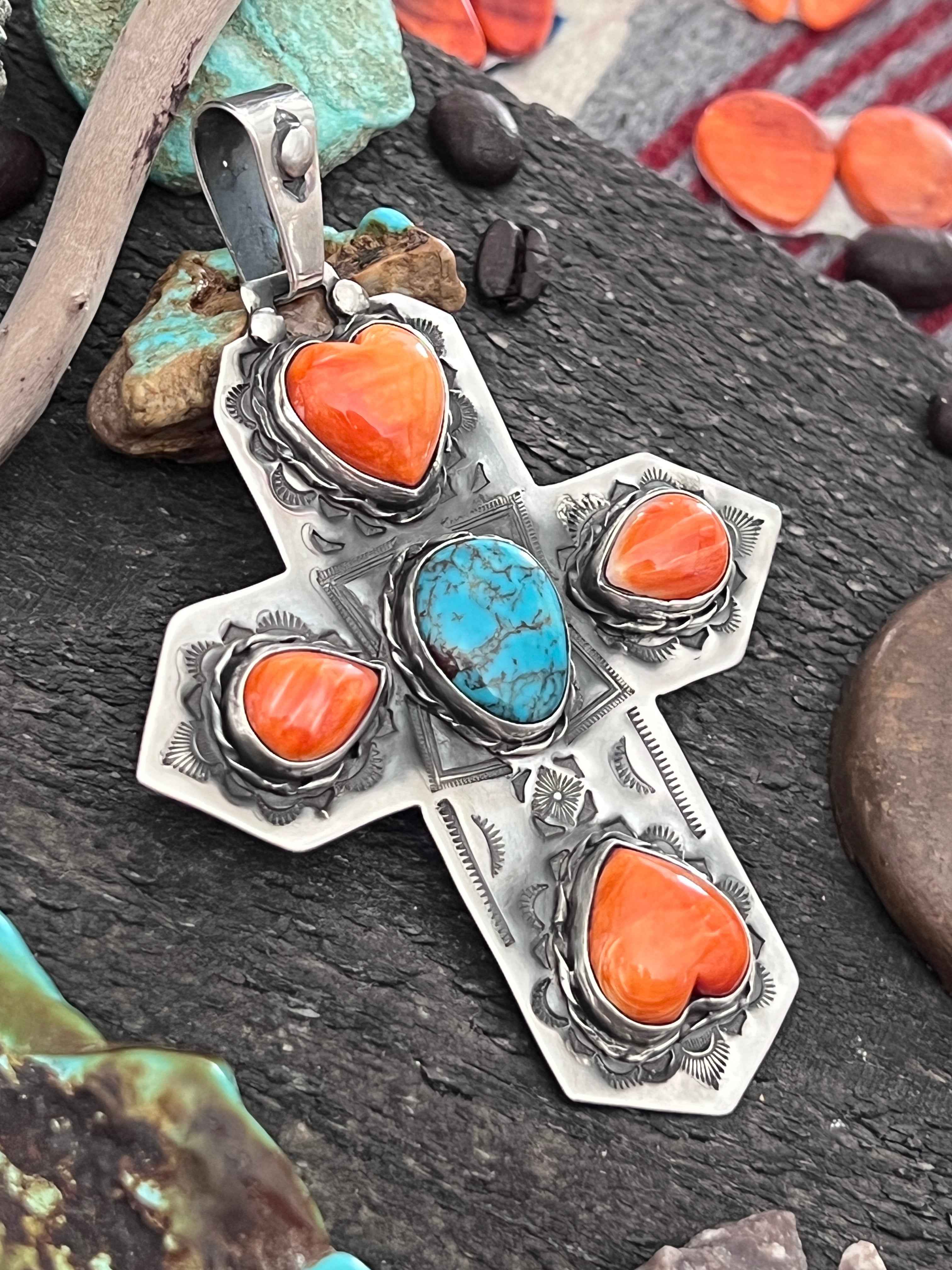 Hand Stamped Sterling Silver, Kingman Turquoise & Spiny Oyster Cross Pendant by Kimari Somers
