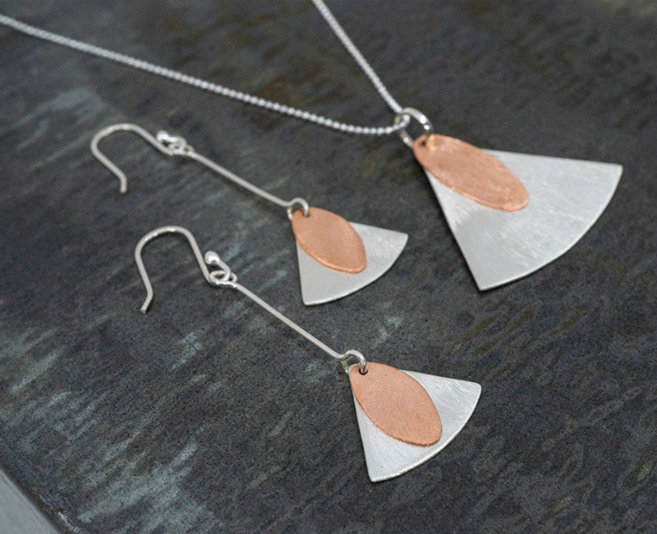 Scoured Copper & Silver Shapes Pendant Necklace
