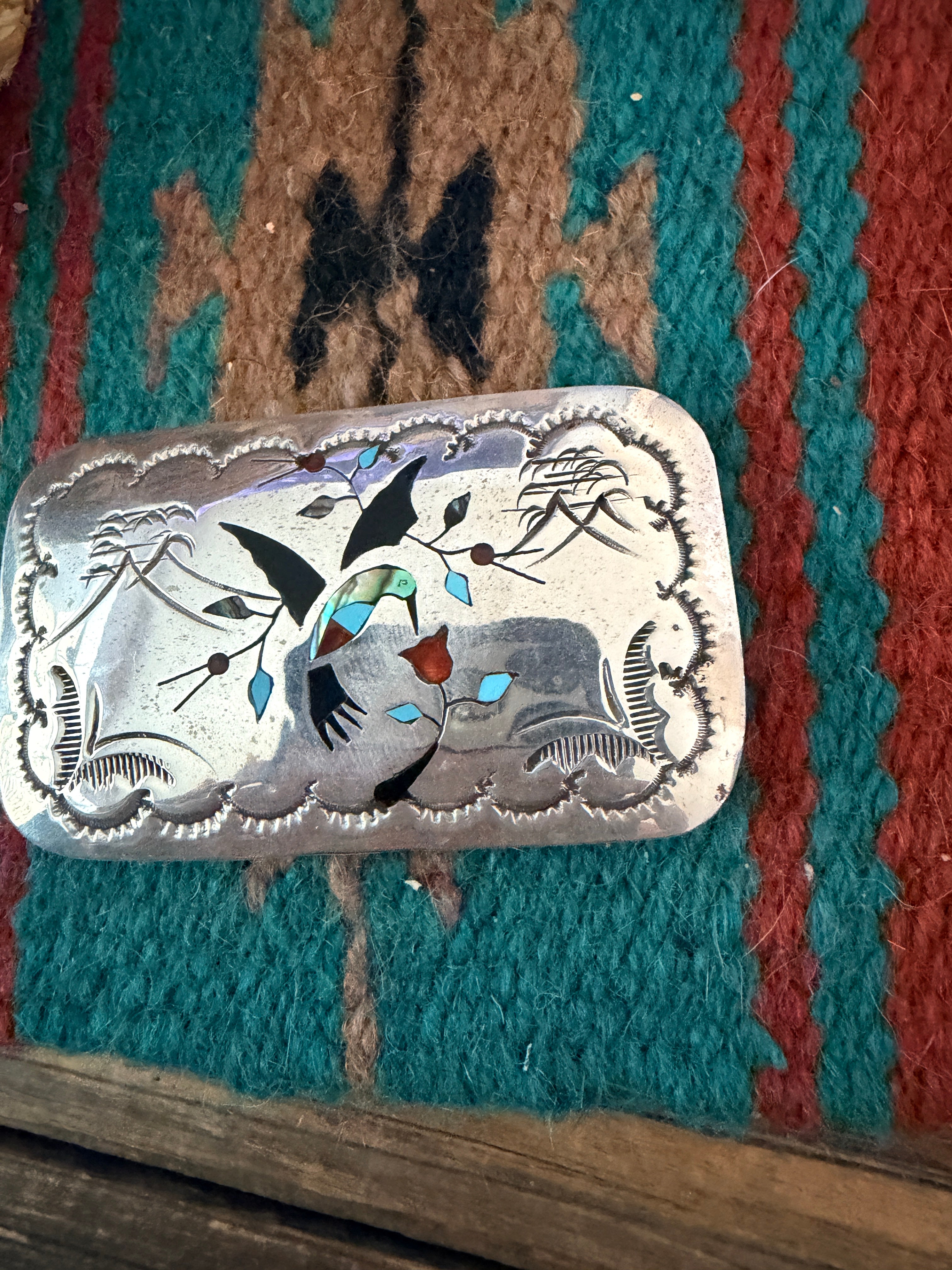 Handcrafted Vintage Old Pawn Sterling Silver and Multi Stone Inlay Hummingbird Belt Buckle