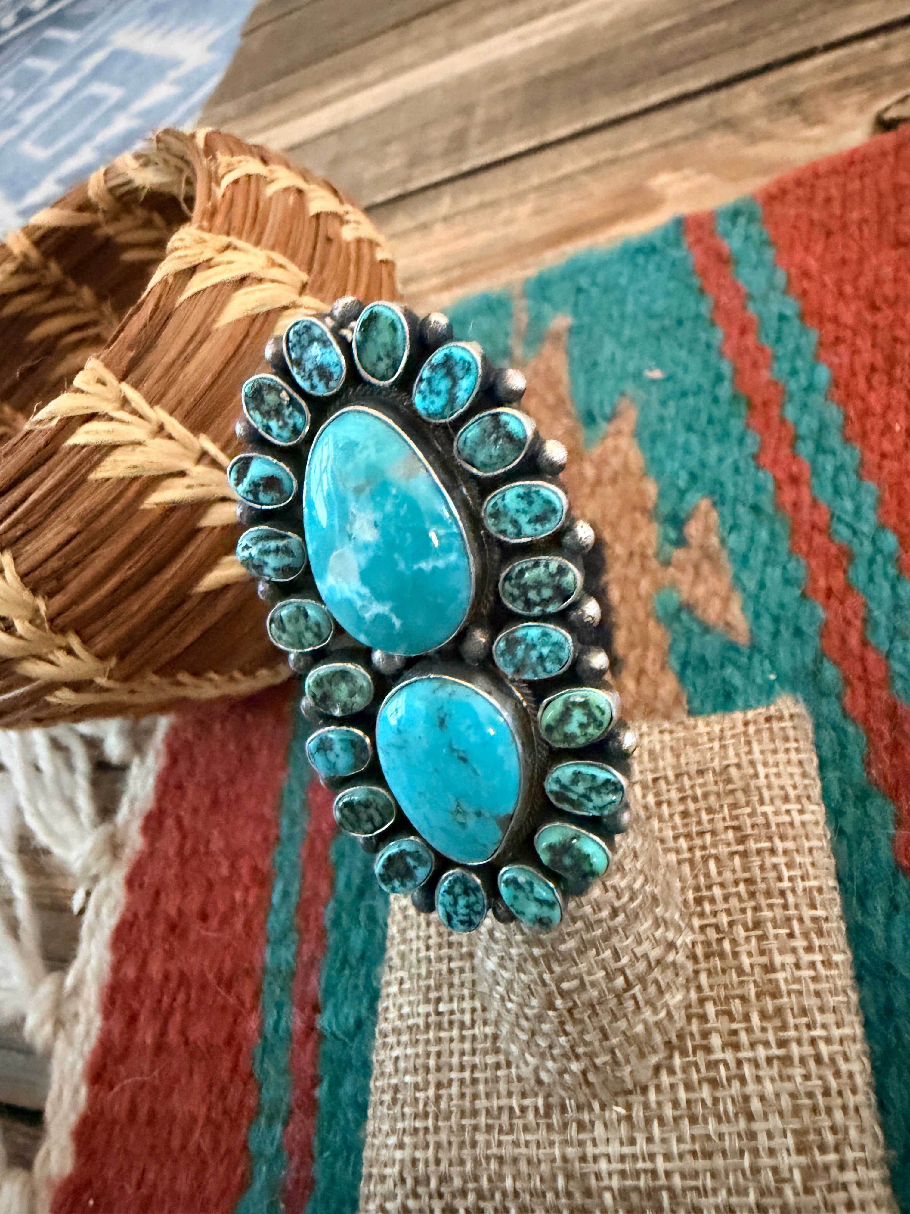 Handcrafted Turquoise & Sterling Silver Cluster Ring Size 4 by Blaine Yellowhorse