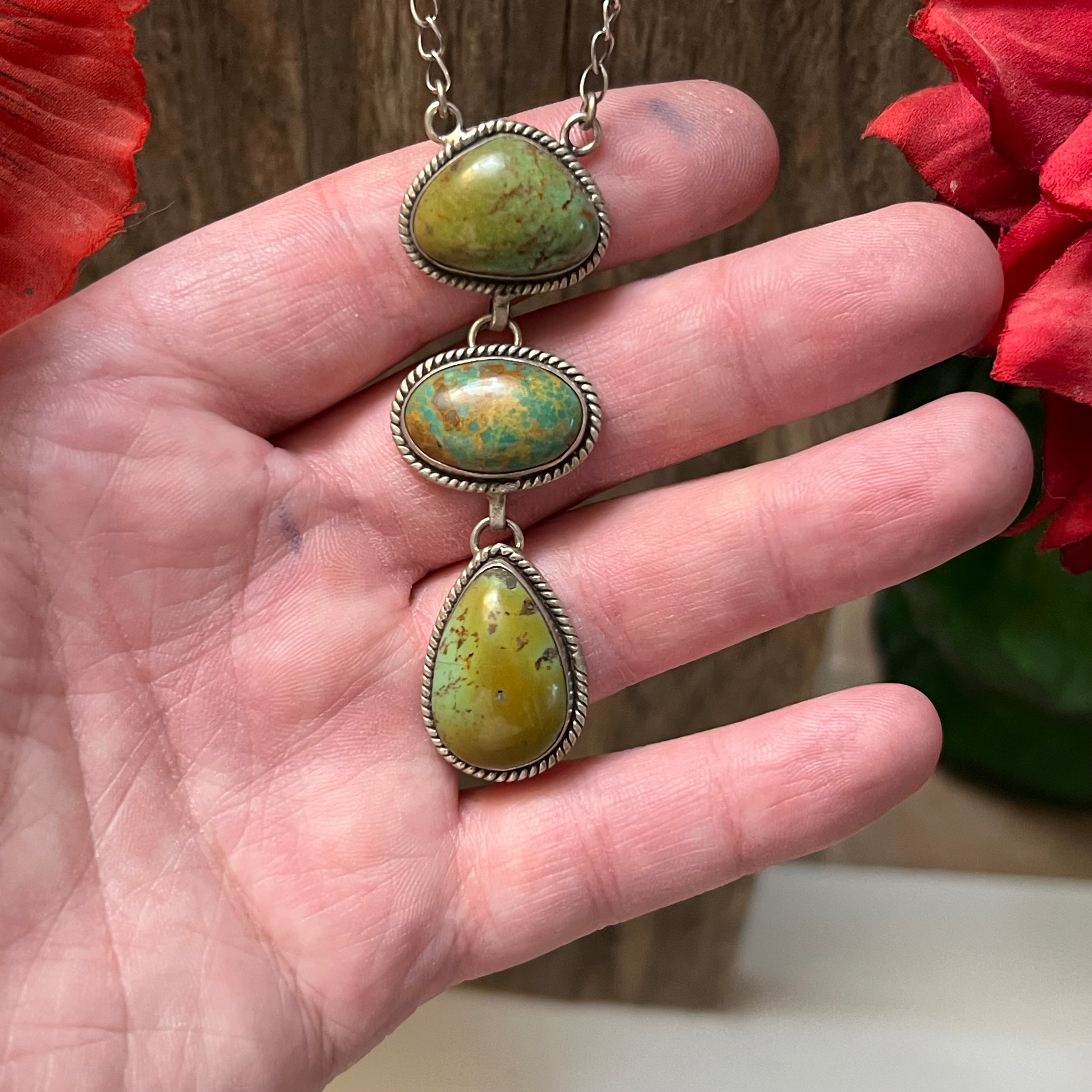 Handmade 3 Stone Turquoise & Sterling Silver Drop Necklace (10)