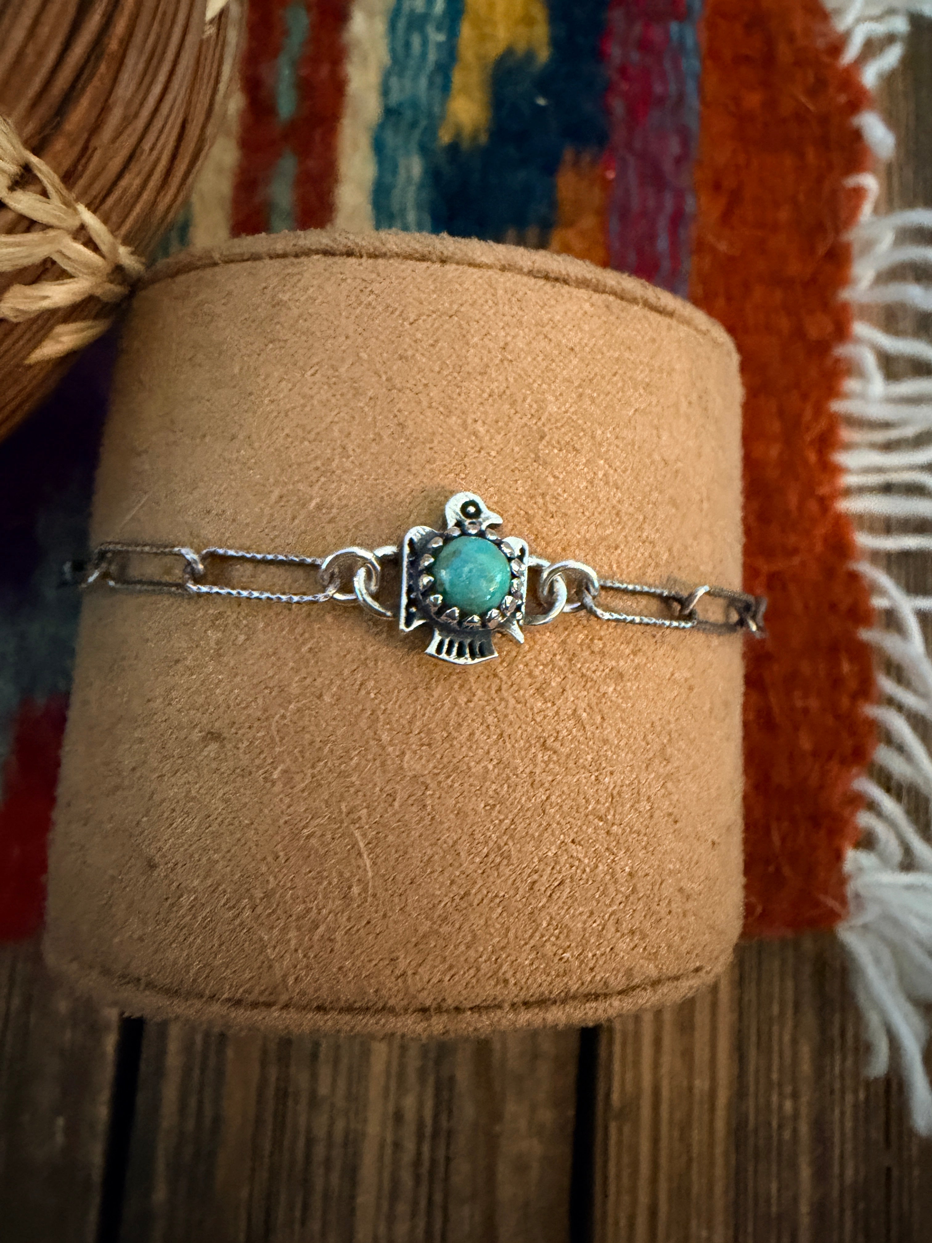 Handmade Kingman Turquoise & Sterling Silver Thunderbird Anklet