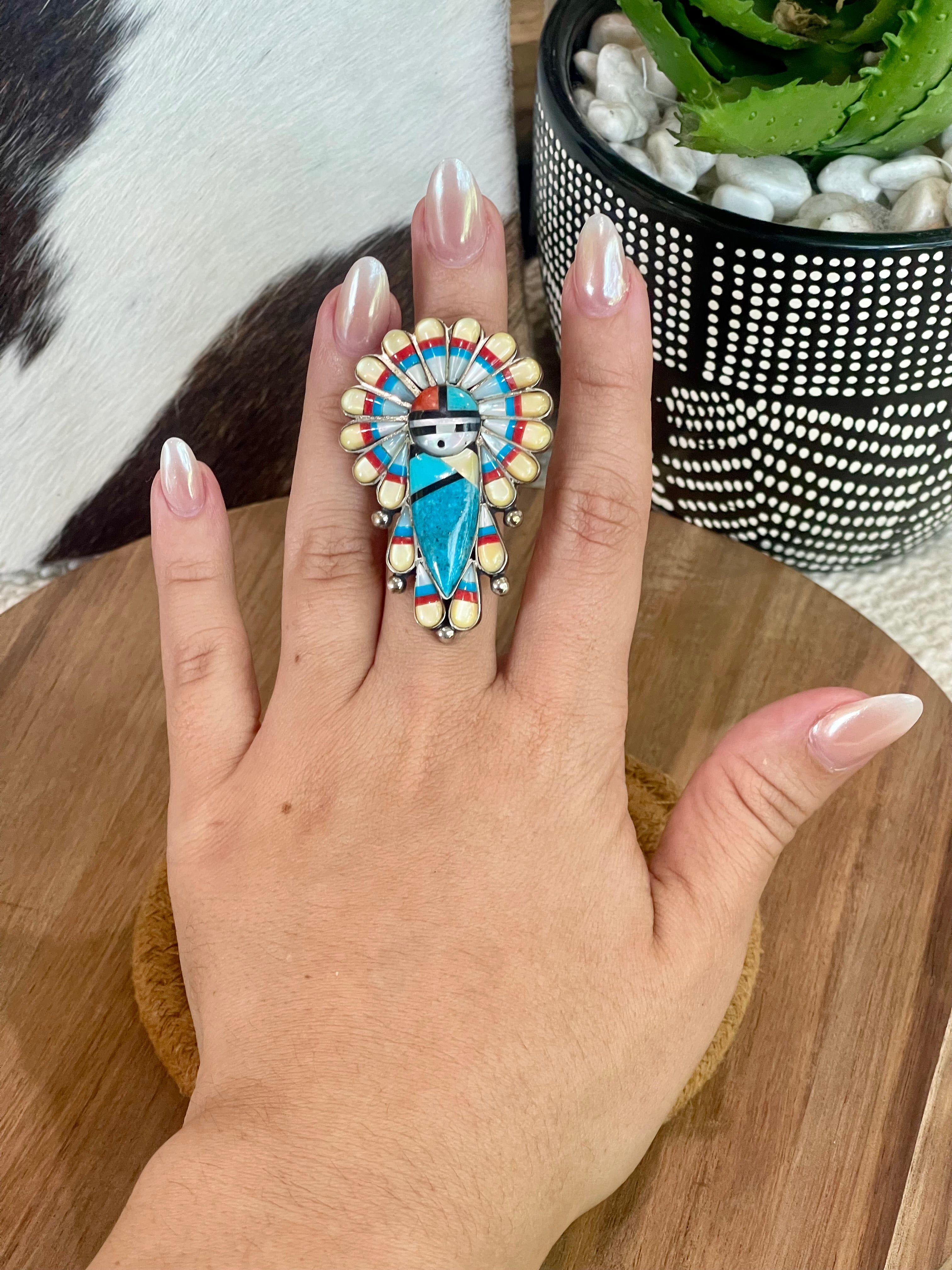 Handmade Sterling Silver & Multi Stone Sunface Adjustable Ring