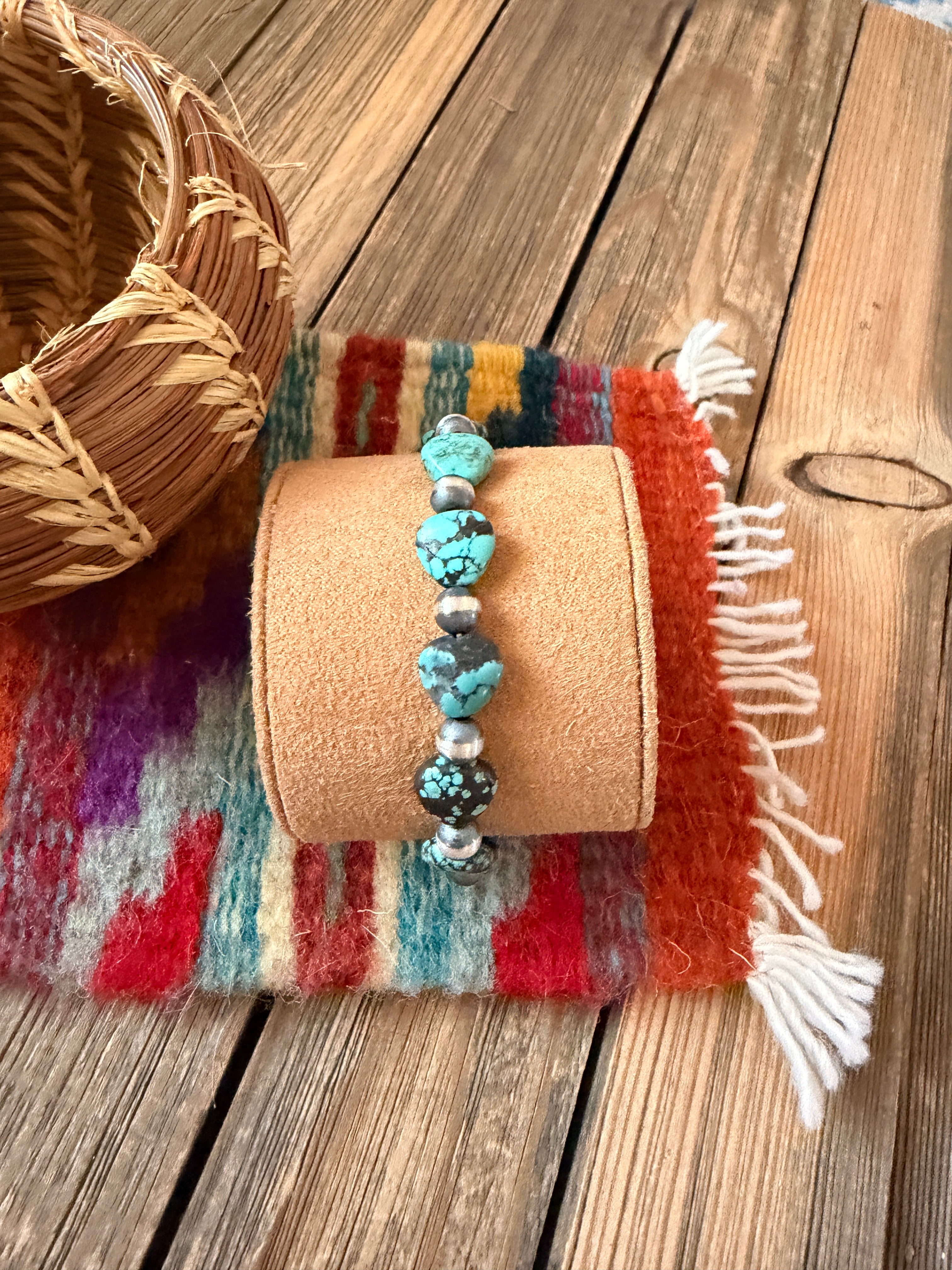 Handcrafted Turquoise & Sterling Silver Beaded Stretch Bracelet