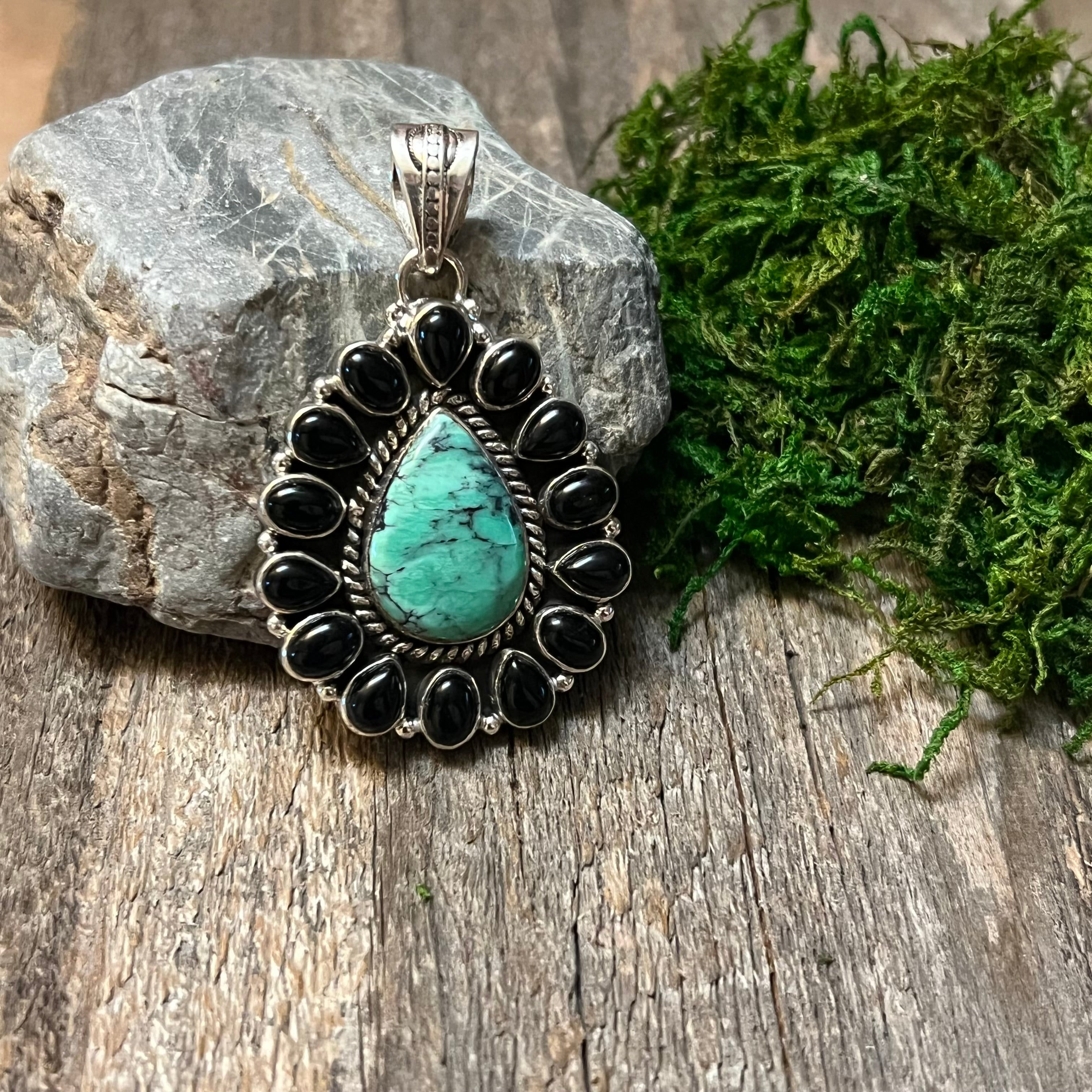 Handmade Black Onyx & Turquoise Tear Drop Sterling Silver Pendant