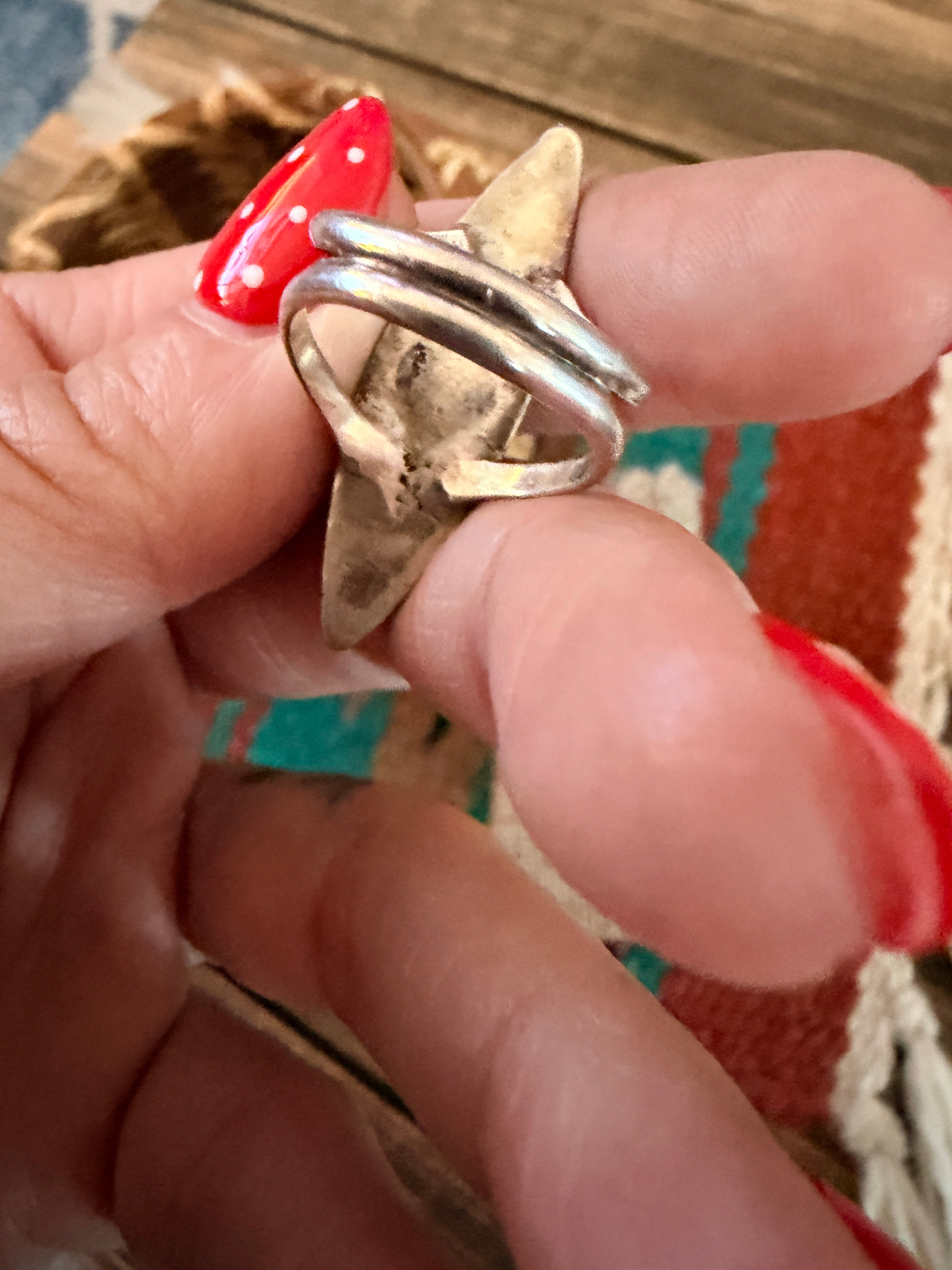 Old Pawn Handcrafted Turquoise, Coral & Sterling Silver Chip Inlay Ring Size 5