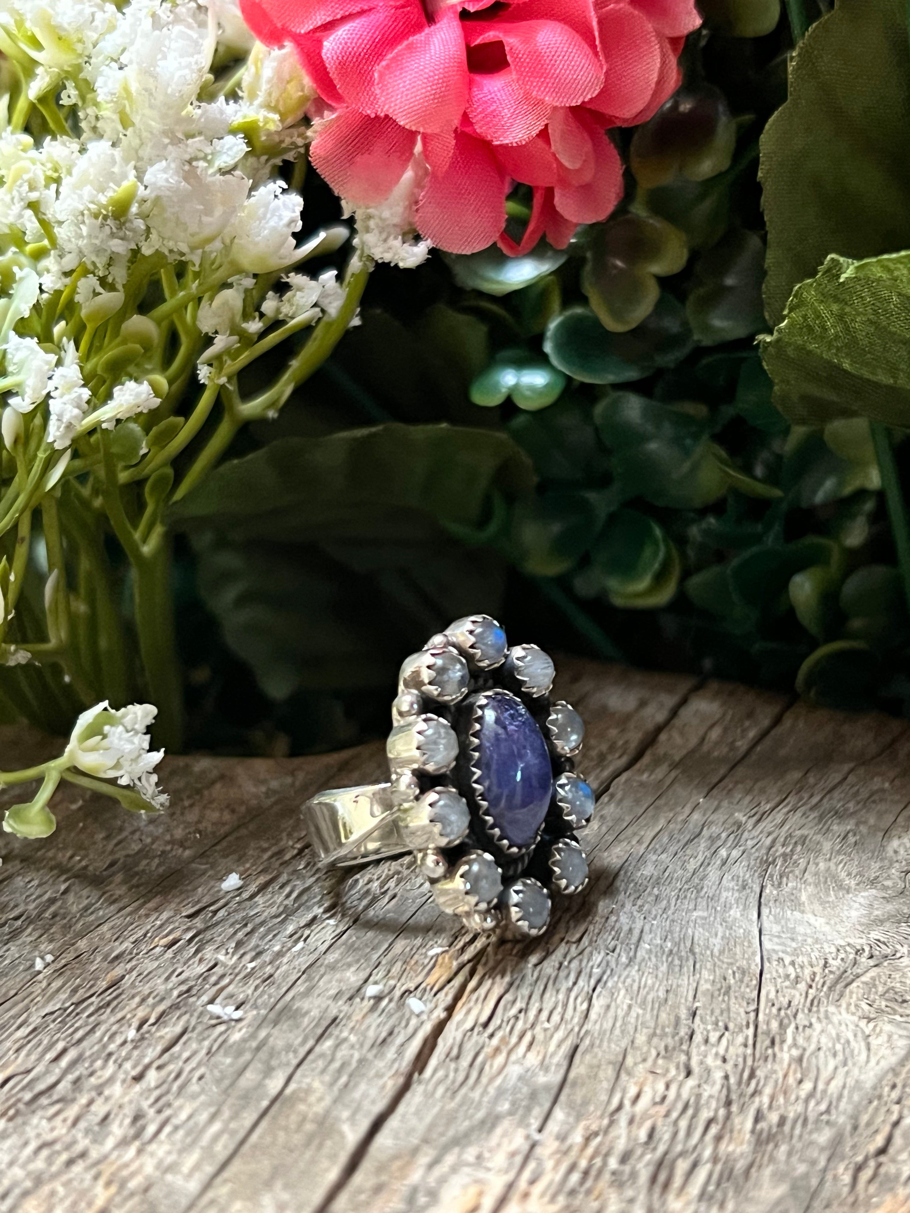 Handmade Oval Shaped Moonstone Cluster Sterling Silver Adjustable Ring