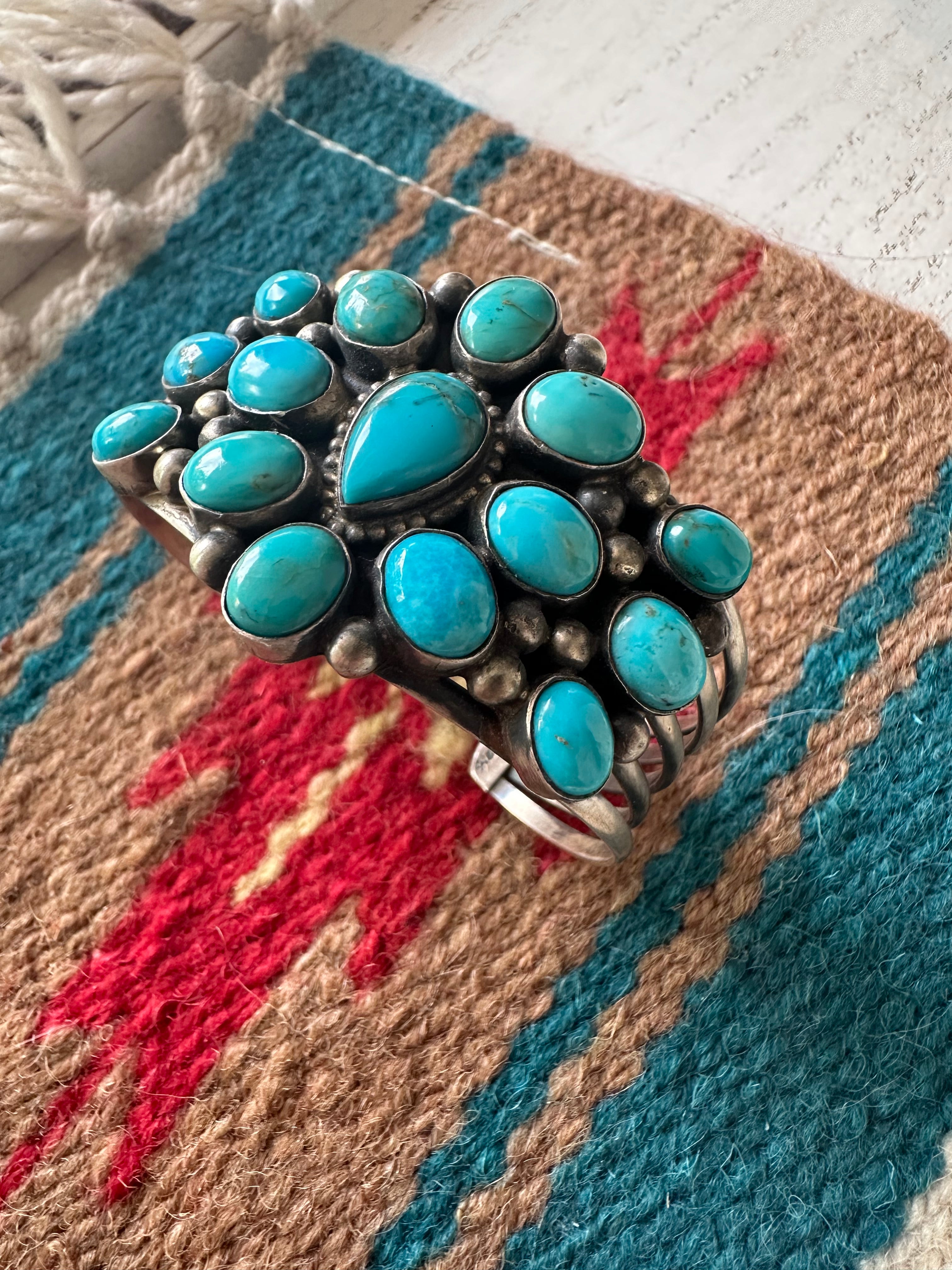 Beautiful Handcrafted Turquoise & Sterling Silver Cuff Bracelet Signed Kathleen G /