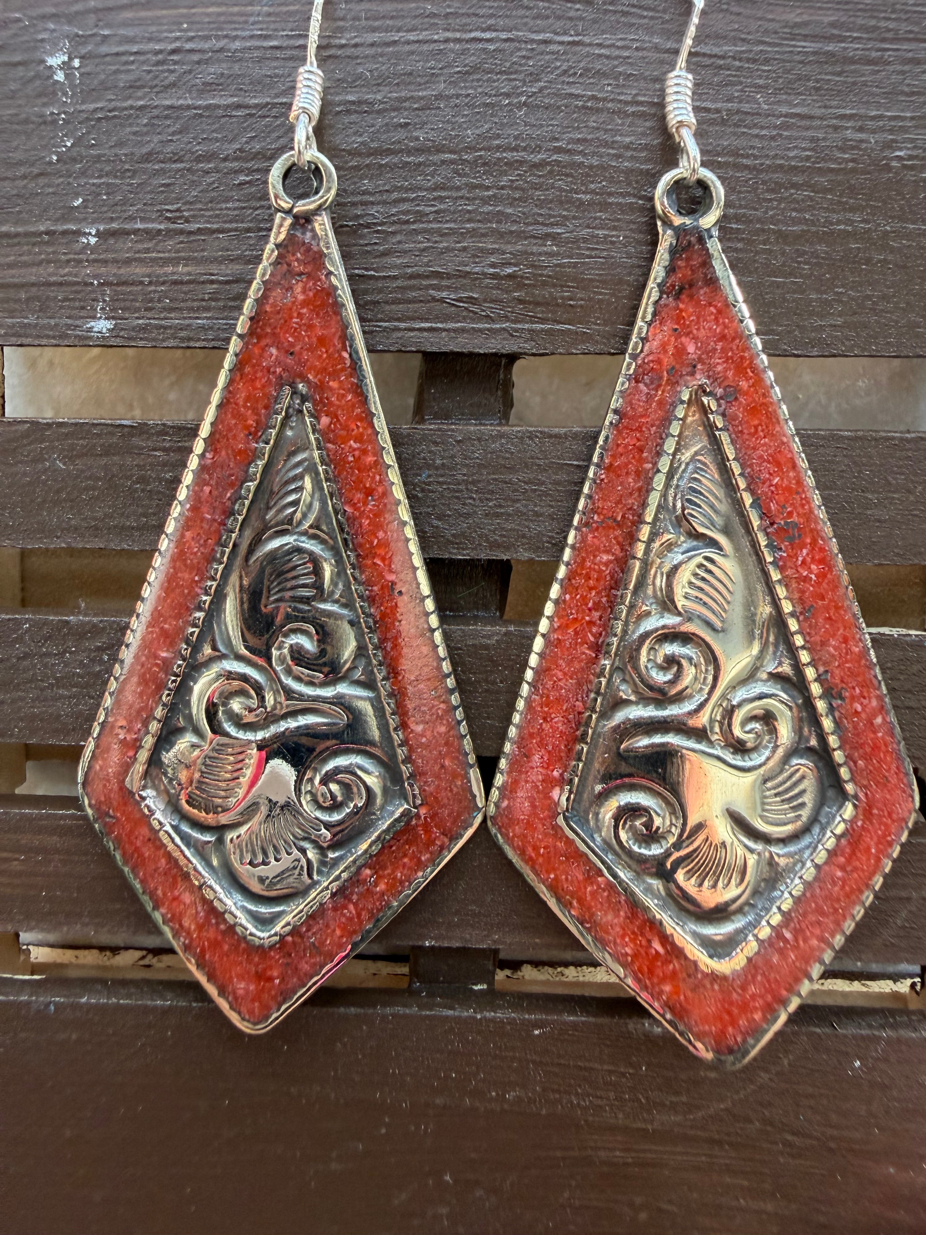 Rustic Western Silver Embossed Drop Earrings