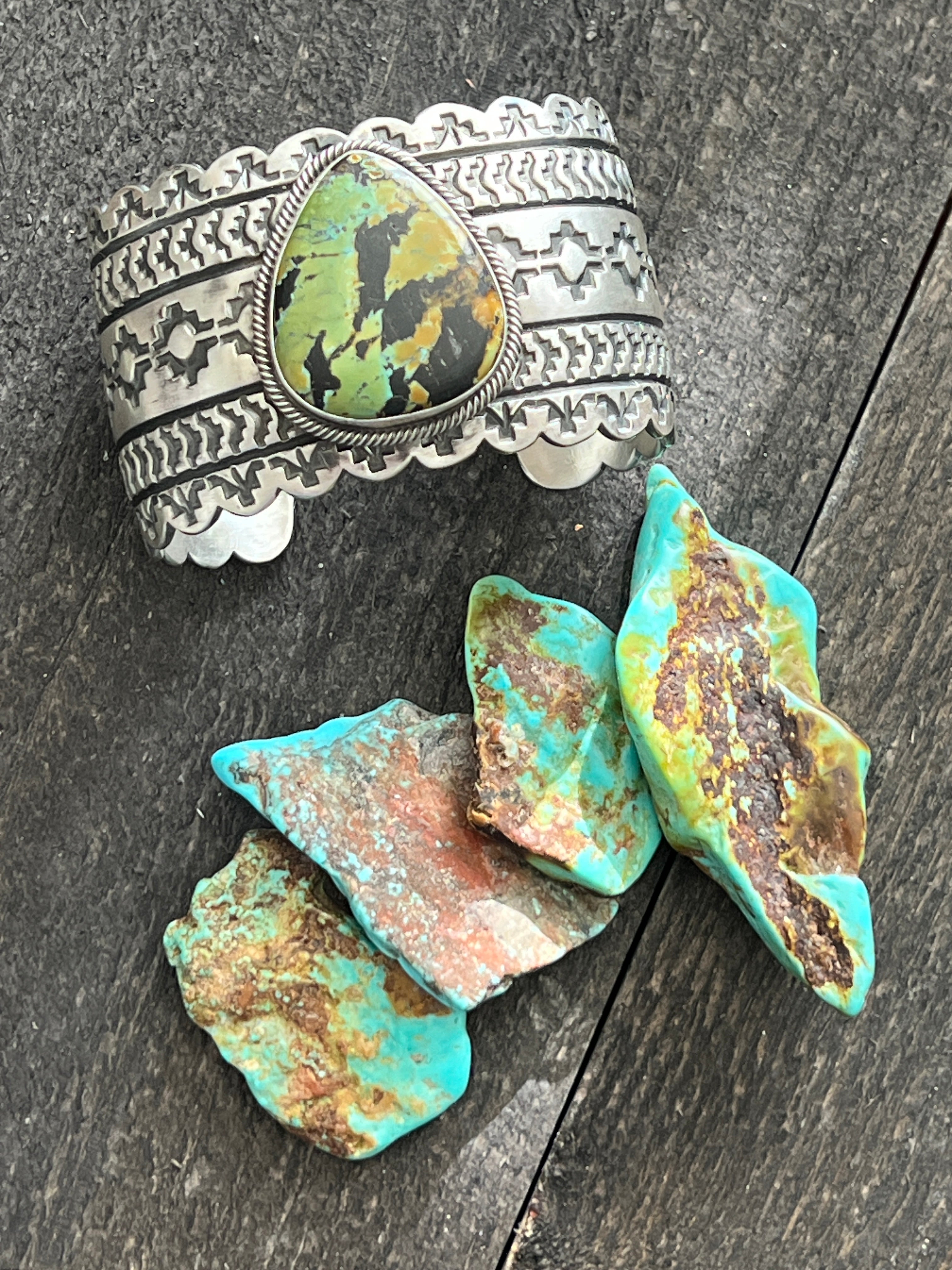 Navajo Hand Stamped Sterling Silver and Blackjack Turquoise Cuff Bracelet by Randy Boyd