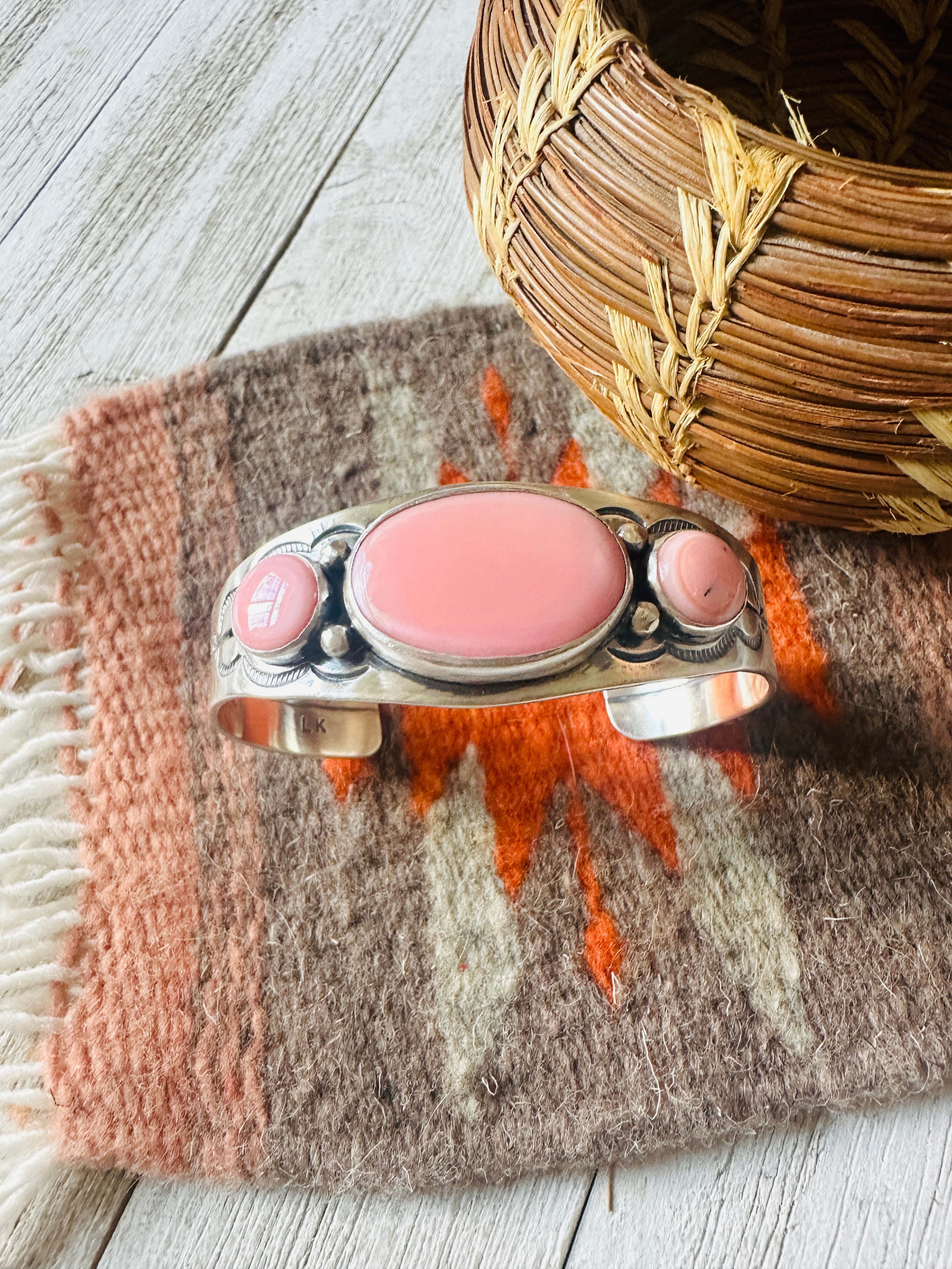 Handcrafted Queen Pink Conch Shell & Sterling Silver 3-Stone Cuff Bracelet