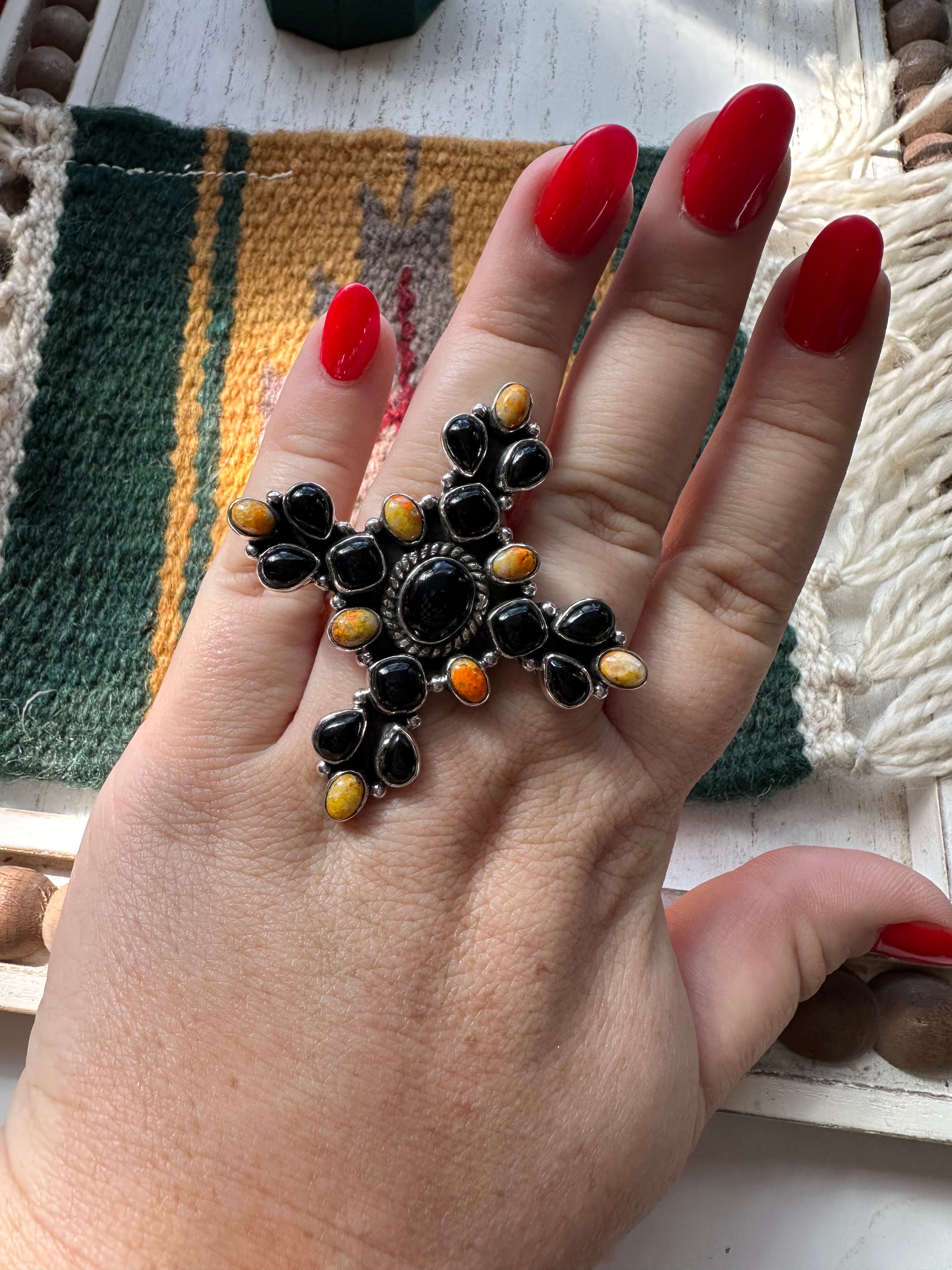 Beautiful Handmade Black Onyx, Bumble Bee & Sterling Silver Adjustable Ring Signed Nizhoni