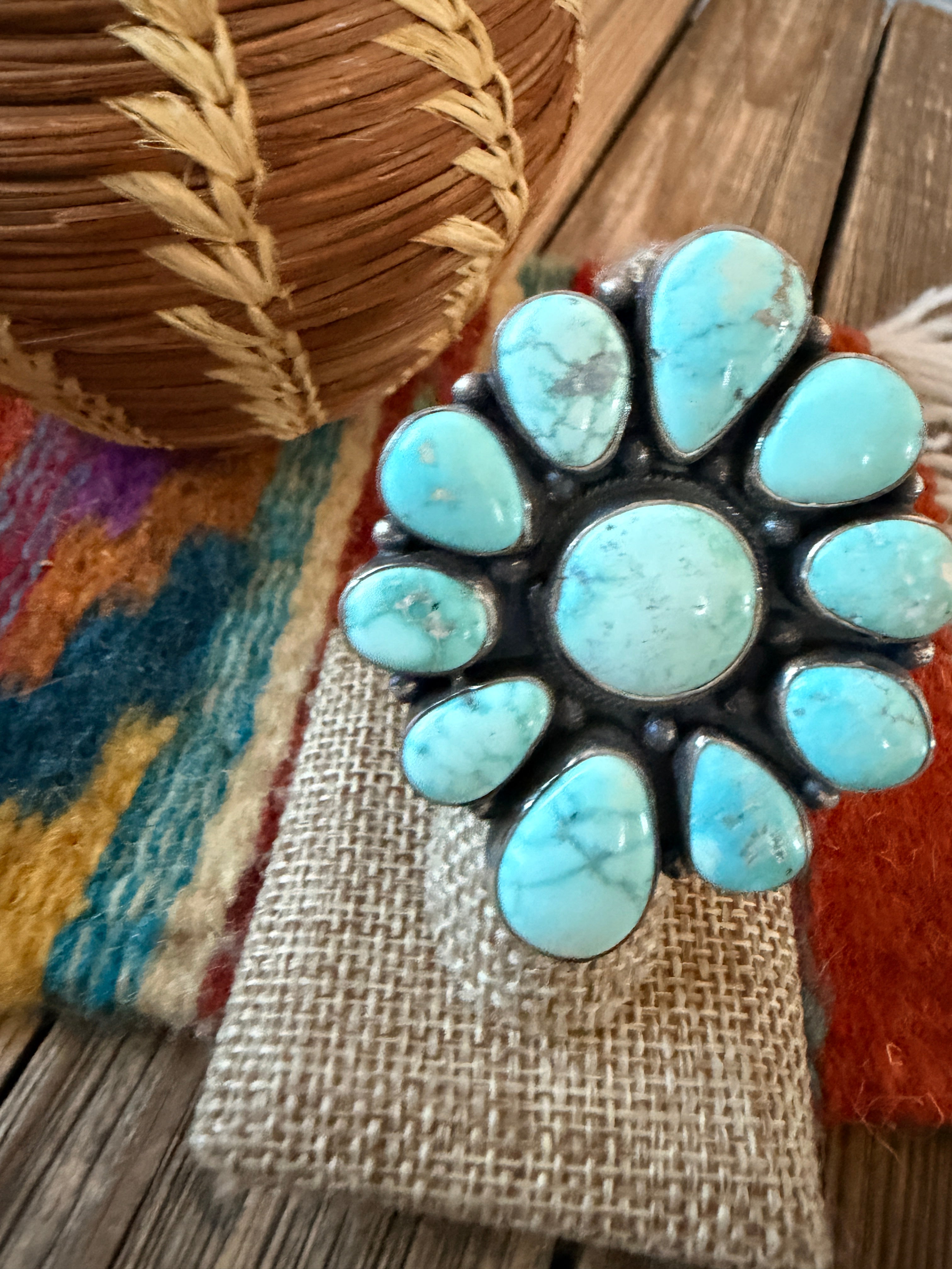 Handcrafted Carico Lake Turquoise & Sterling Silver Cluster Ring Size 8.75 by Sheila Becenti
