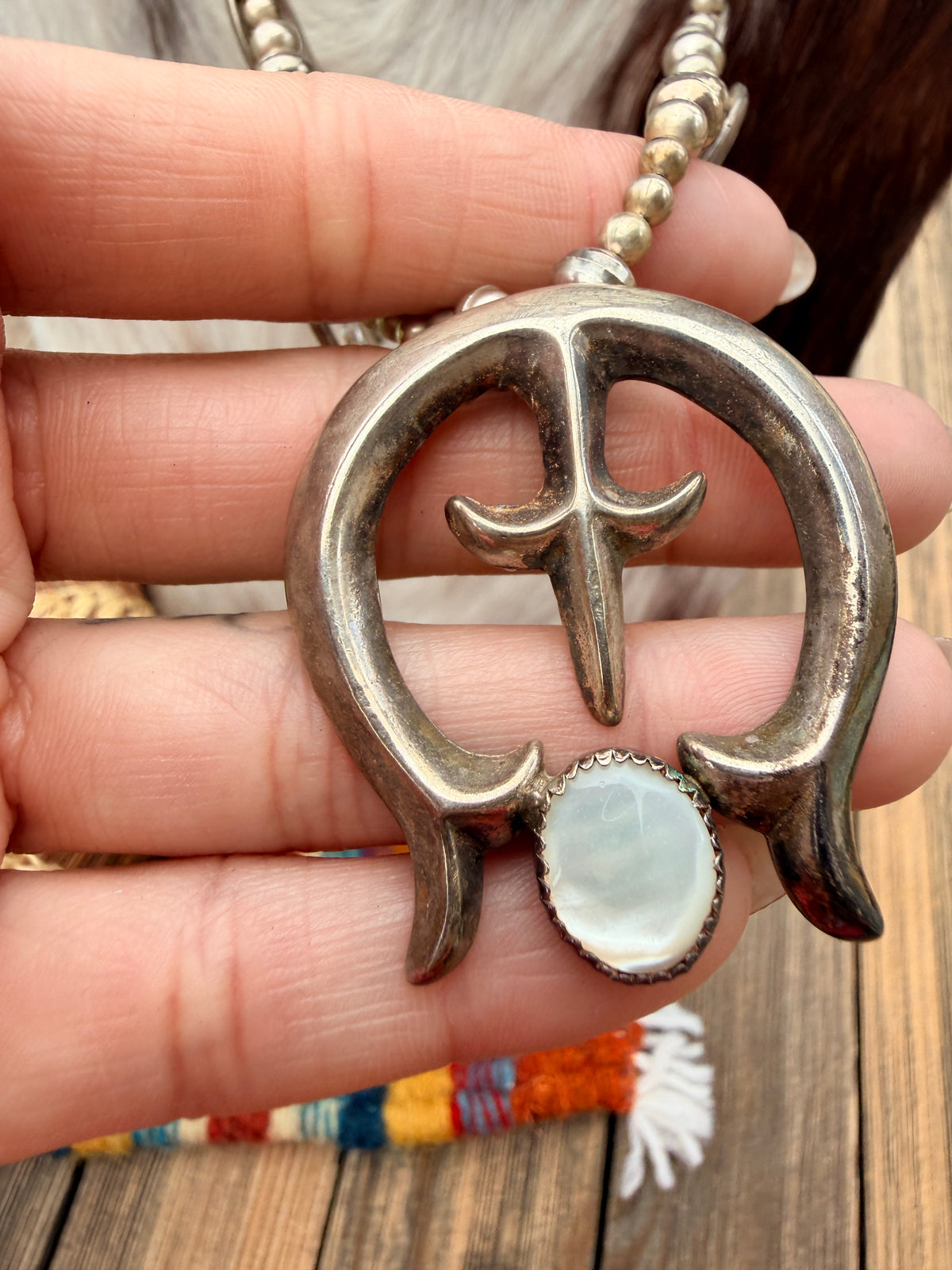 Old Pawn Handcrafted Mother of Pearl & Sterling Silver Beaded Naja Necklace