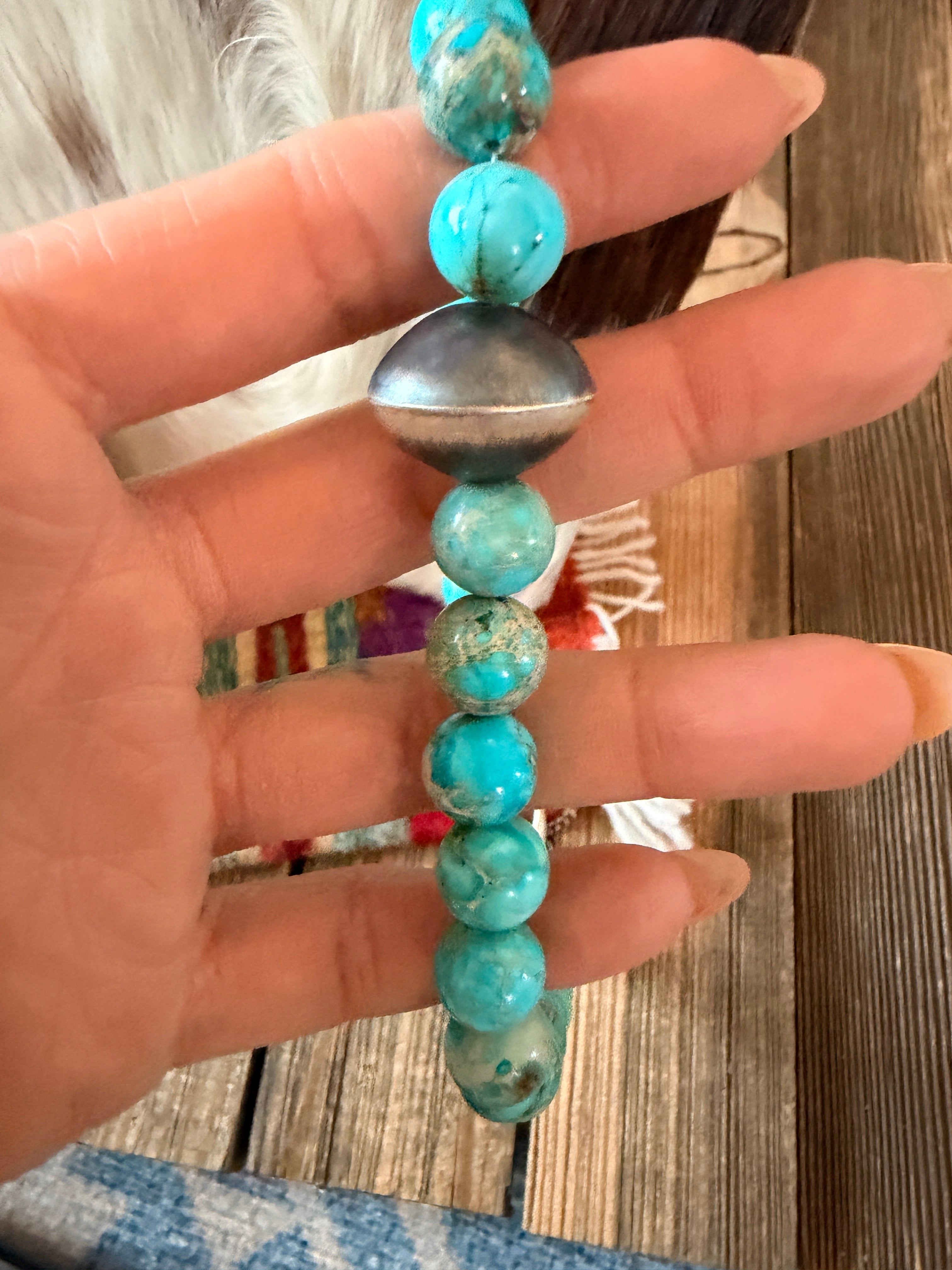 Handcrafted Turquoise & Sterling Silver Beaded 14” Necklace