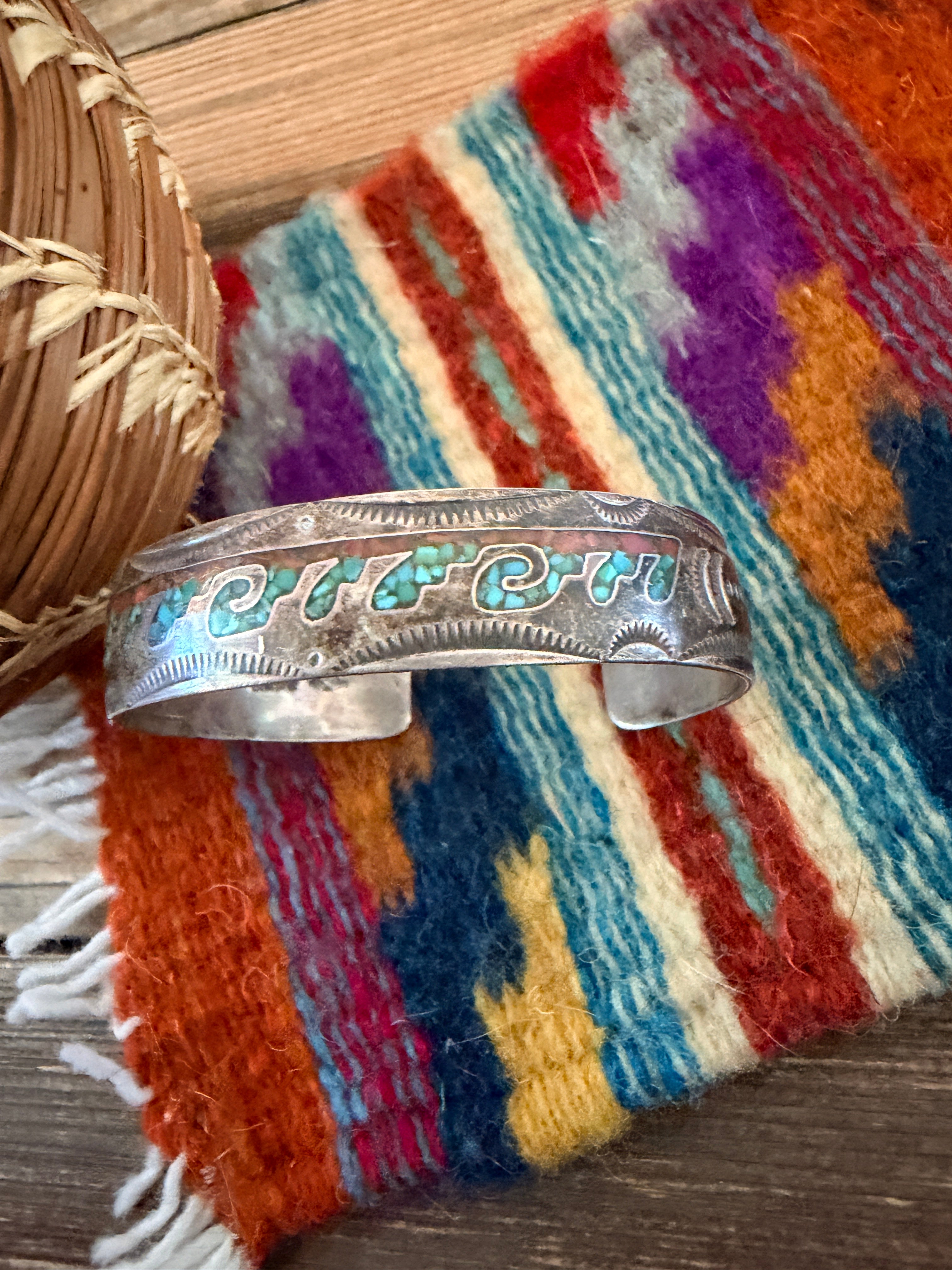 Handcrafted Old Pawn Coral, Turquoise & Sterling Silver Chip Inlay Cuff Bracelet