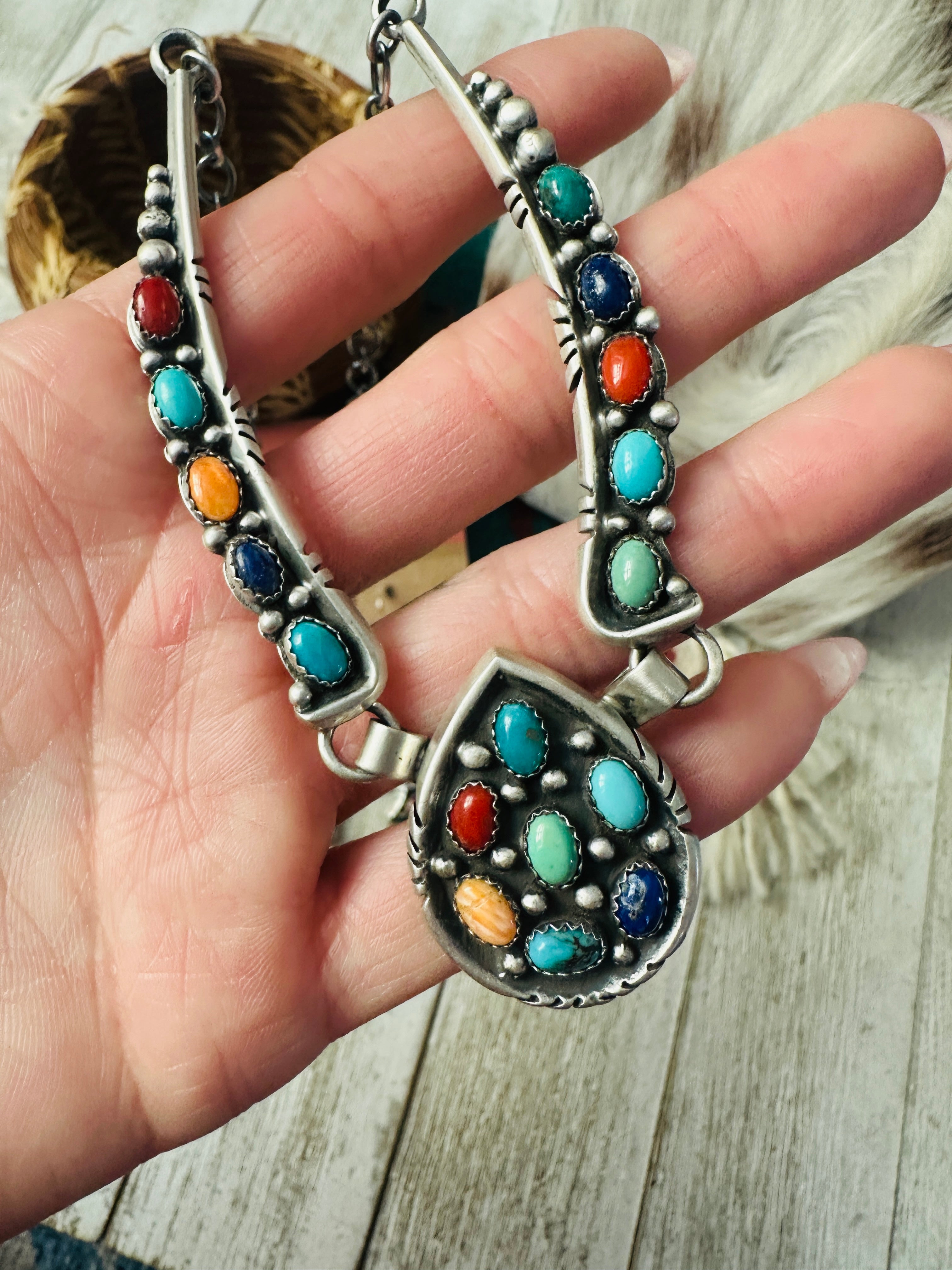 Handcrafted Multi Stone & Sterling Silver Cluster Necklace and Earring Set by Charles Johnson