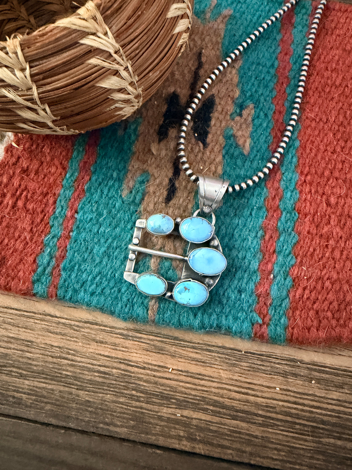 Handcrafted Sterling Silver & Turquoise Belt Buckle Pendant by Russell Sam